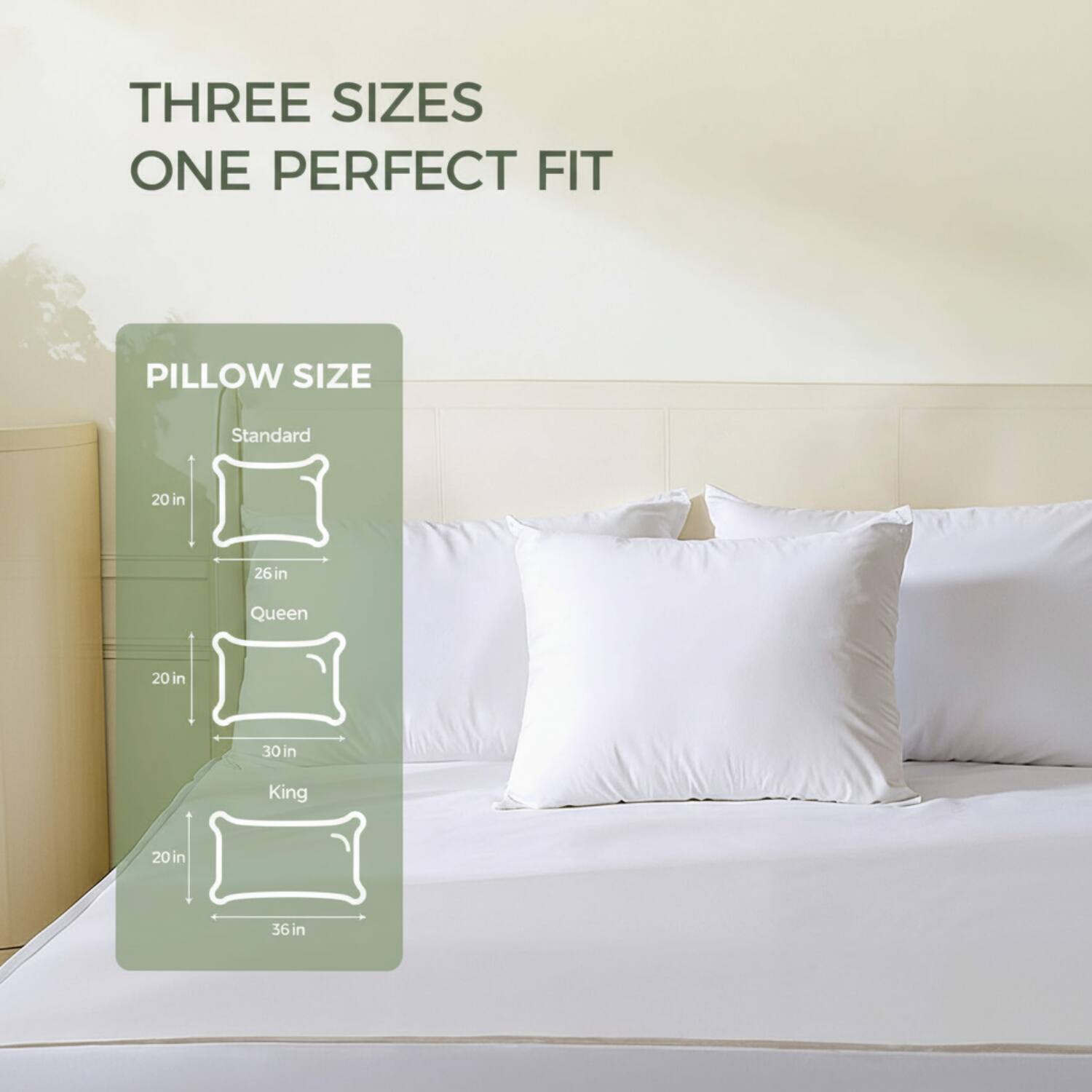 THREE SIZES ONE PERFECT FIT

PILLOW SIZE

Standard  
20 in x 26 in

Queen  
20 in x 30 in

King  
20 in x 36 in