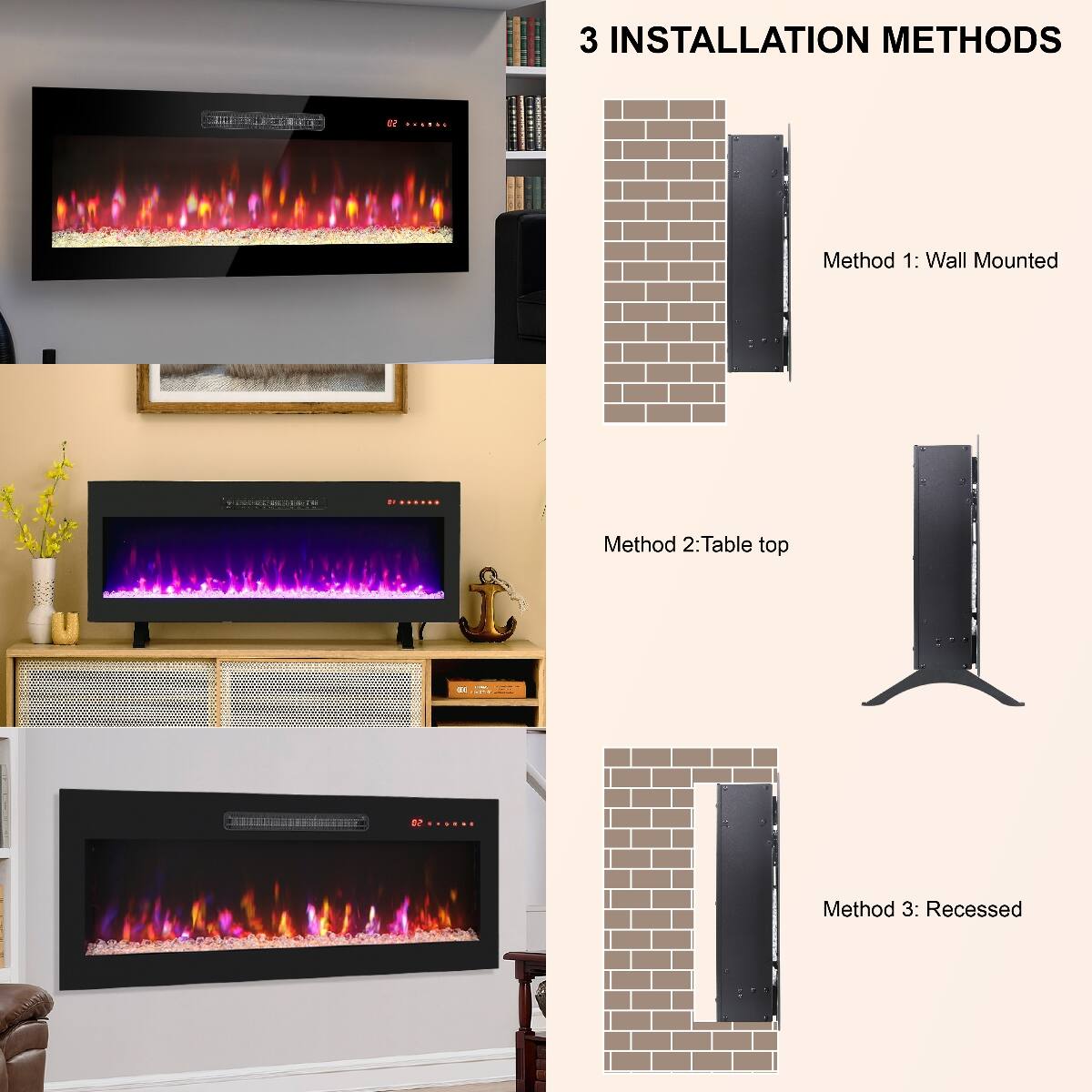 3 INSTALLATION METHODS

Method 1: Wall Mounted

Method 2: Table top

Method 3: Recessed