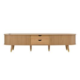 TinyHomie - Wooden Oval Fluted TV Stand with Charging Station for TV up to 80in Mid-Century Media Console with Sliding Tambour Door - Natural