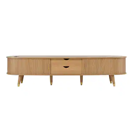 Front. TinyHomie - Wooden Oval Fluted TV Stand with Charging Station for TV up to 80in Mid-Century Media Console with Sliding Tambour Door - Natural.