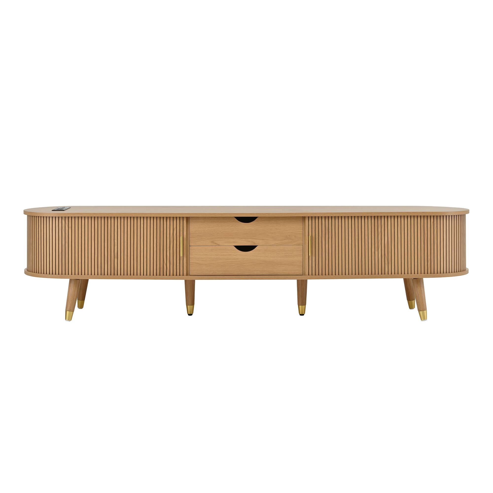 Front. TinyHomie - Wooden Oval Fluted TV Stand with Charging Station for TV up to 80in Mid-Century Media Console with Sliding Tambour Door - Natural.