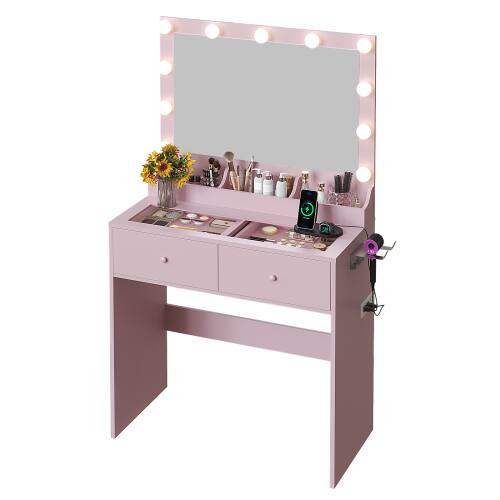 Alt View 1. Winado - All-in-One Vanity Desk Glass Visual Desktop with Mirror & 3 Colors Lights & USB Ports Dressing Table - Pink.