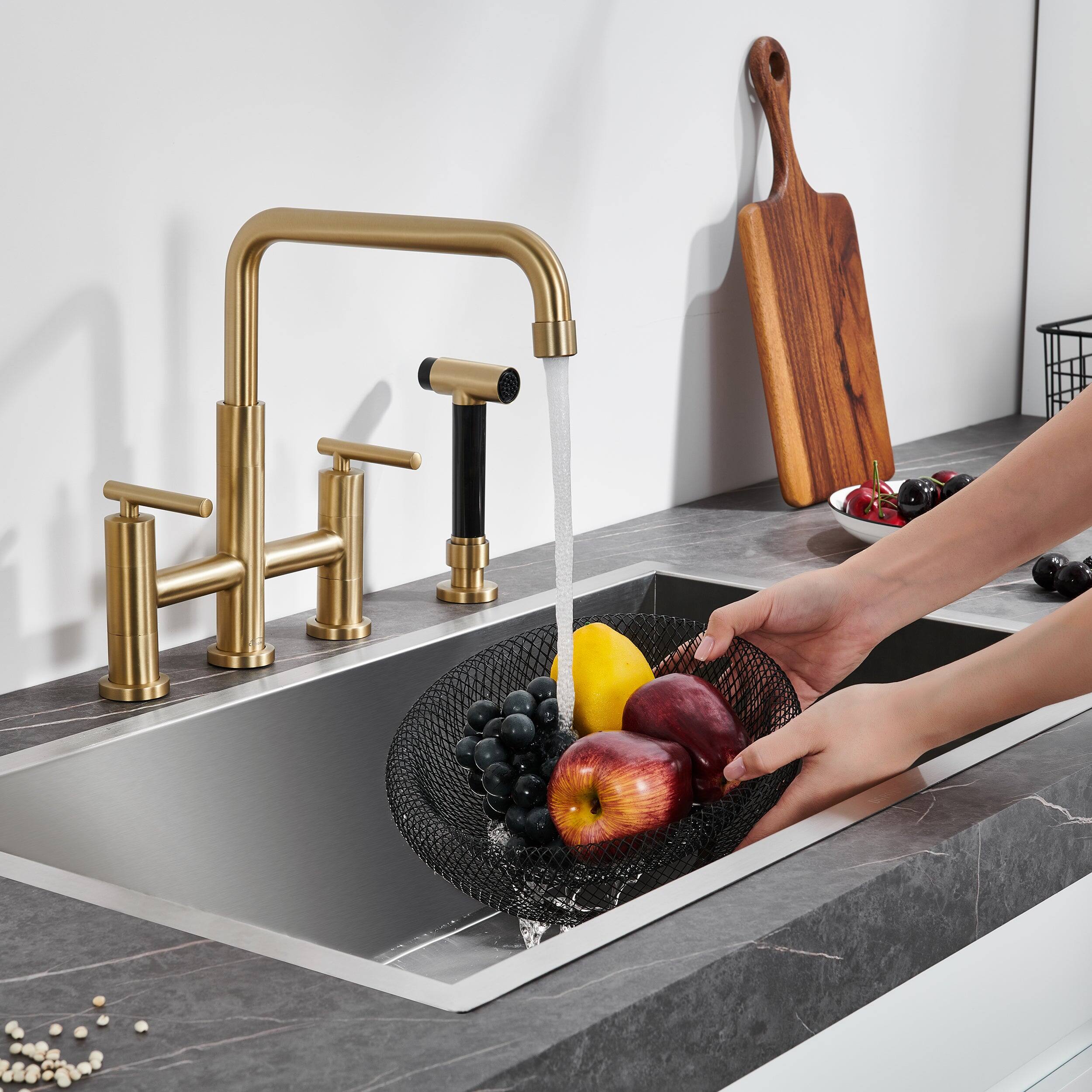 Alt View 4. Boyel Living - Double Handle 360 Degrees Rotation Bridge Kitchen Faucet with Pull-Out Side Sprayer, Ceramic Cartridge - Brushed Gold.