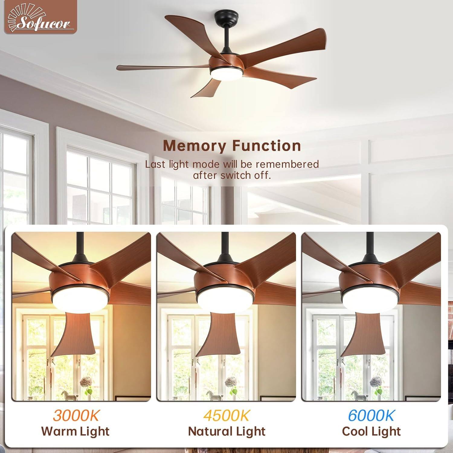Memory Function  
Last light mode will be remembered after switch off.  

3000K Warm Light  
4500K Natural Light  
6000K Cool Light
