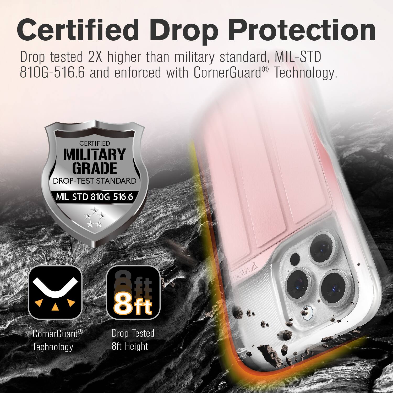 Certified Drop Protection, Drop tested 2X higher than military standard, MIL-STD 810G-516.6 and enforced with CornerGuard Technology. CERTIFIED MILITARY GRADE DROP-TEST STANDARD MIL-STD 810G-516.6 CornerGuard Technology 8ft Drop Tested 8ft Height
