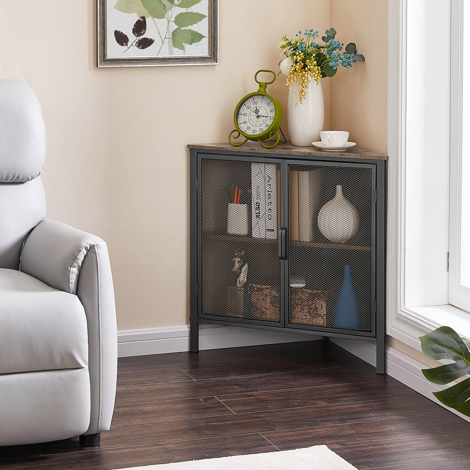 Vecelo - Triangle Corner Storage Cabinet with Doors, Small Corner Cabinet with Shelves for Bathroom, Living Room & Entryway - Gray