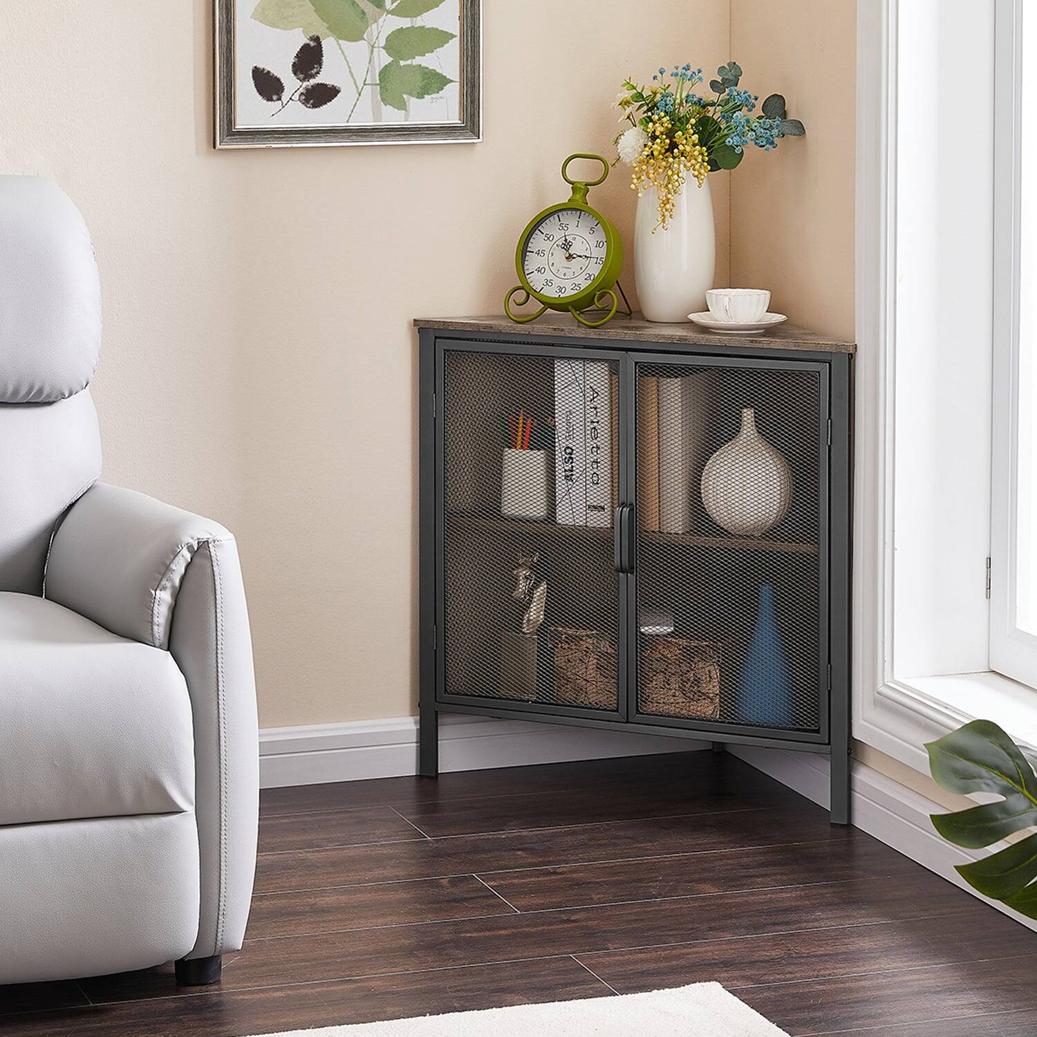 Front. Vecelo - Triangle Corner Storage Cabinet with Doors, Small Corner Cabinet with Shelves for Bathroom, Living Room & Entryway - Gray.