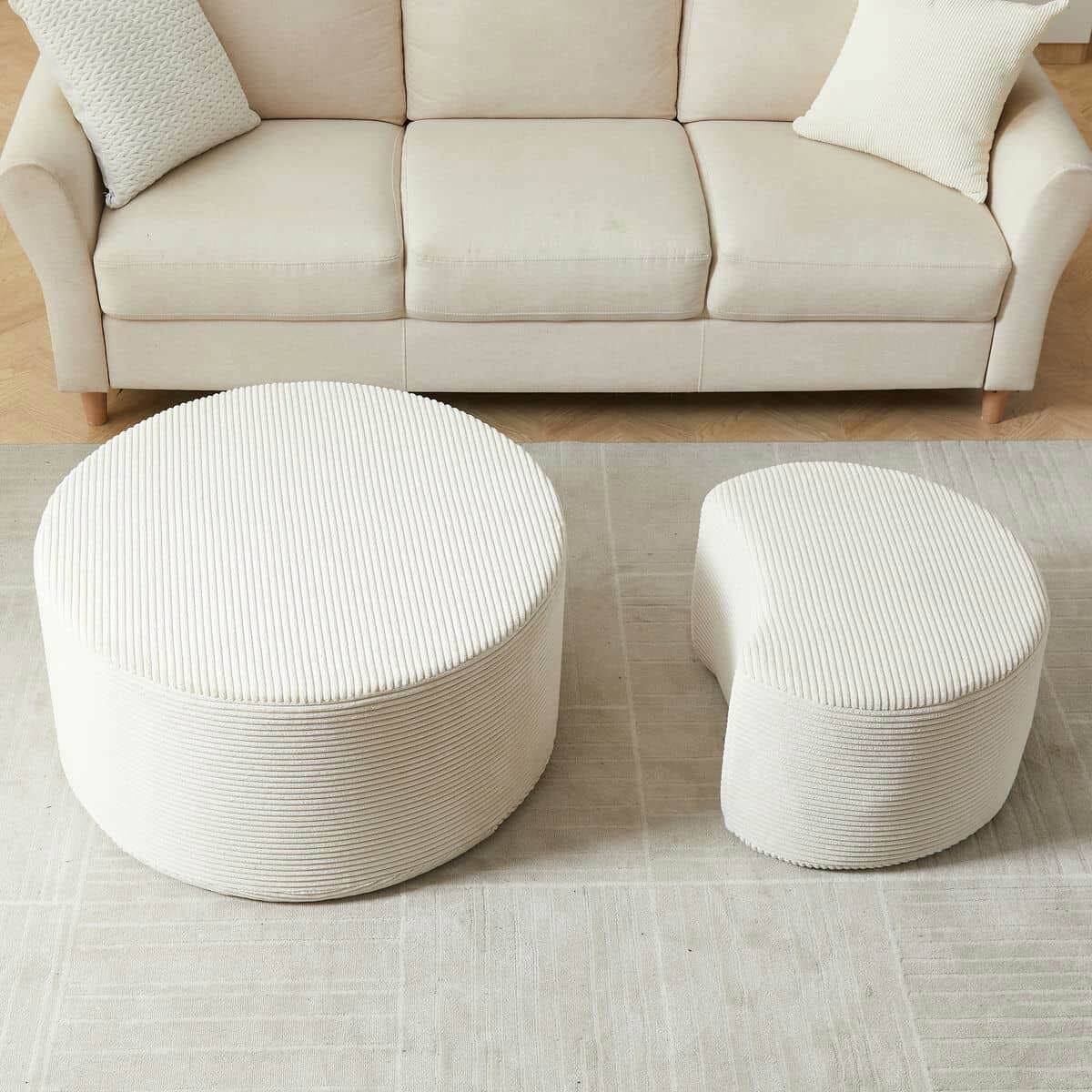 Alt View 5. Kadyn - Nesting Coffee Table Set of 2, Upholstered Round Foam Tables for Living Room, Side/End Table Ottoman, No Assembly - Beige.