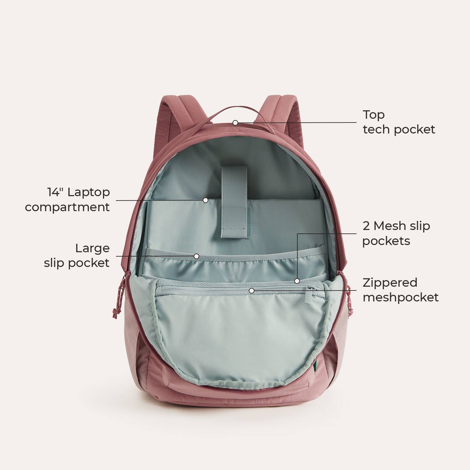 Top tech pocket  
14" Laptop compartment  
Large slip pocket  
2 Mesh slip pockets  
Zippered mesh pocket