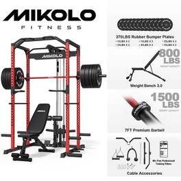Mikolo - Multi-Functional Squat Rack with LAT Pulldown System Exercise Power Cages,Metal - Red