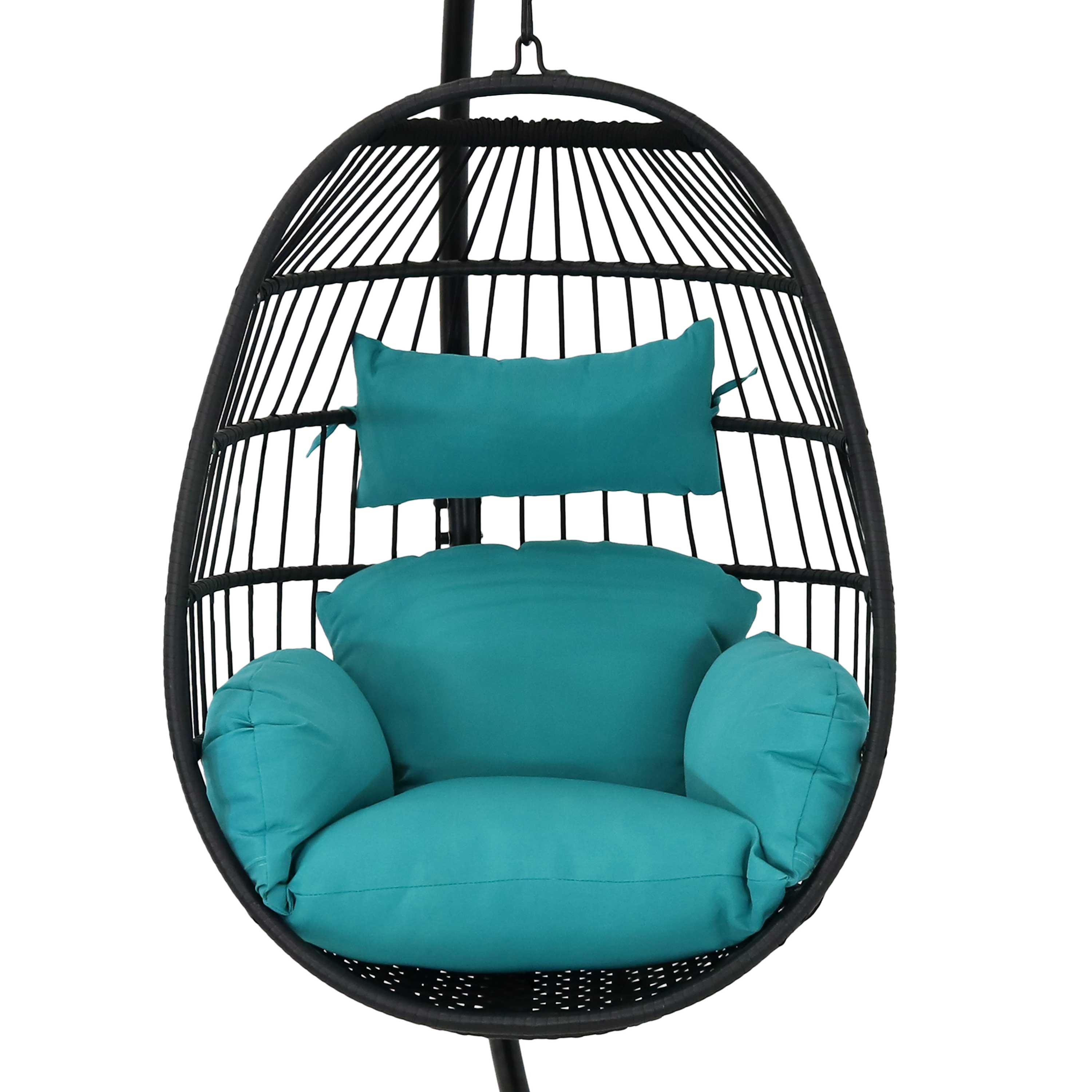 Alt View 8. Sunnydaze - Resin Wicker Hanging Egg Chair with Steel Stand/Cushions - Cyan.
