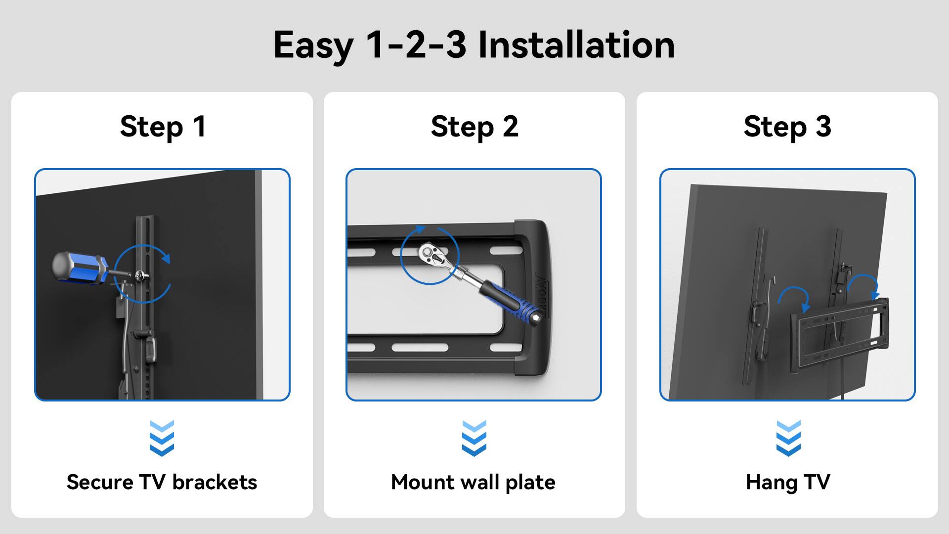 Easy 1-2-3 Installation Step 1: Secure TV brackets Step 2: Mount wall plate Step 3: Hang TV