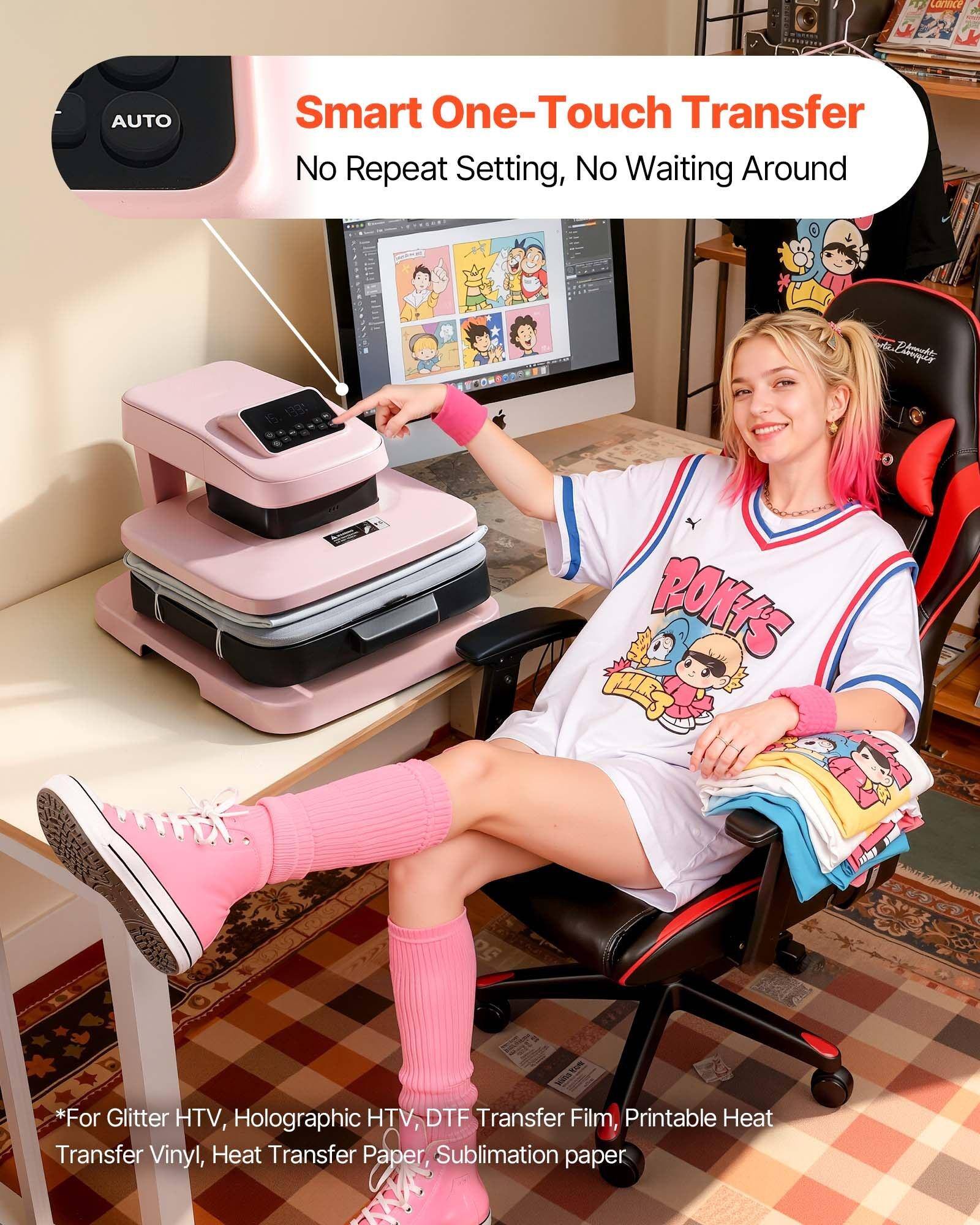 Lartce AUTO Smart One-Touch Transfer No Repeat Setting, No Waiting Around

*For Glitter HTV, Holographic HTV, DTF Transfer Film, Printable Heat Transfer Vinyl, Heat Transfer Paper, Sublimation Paper