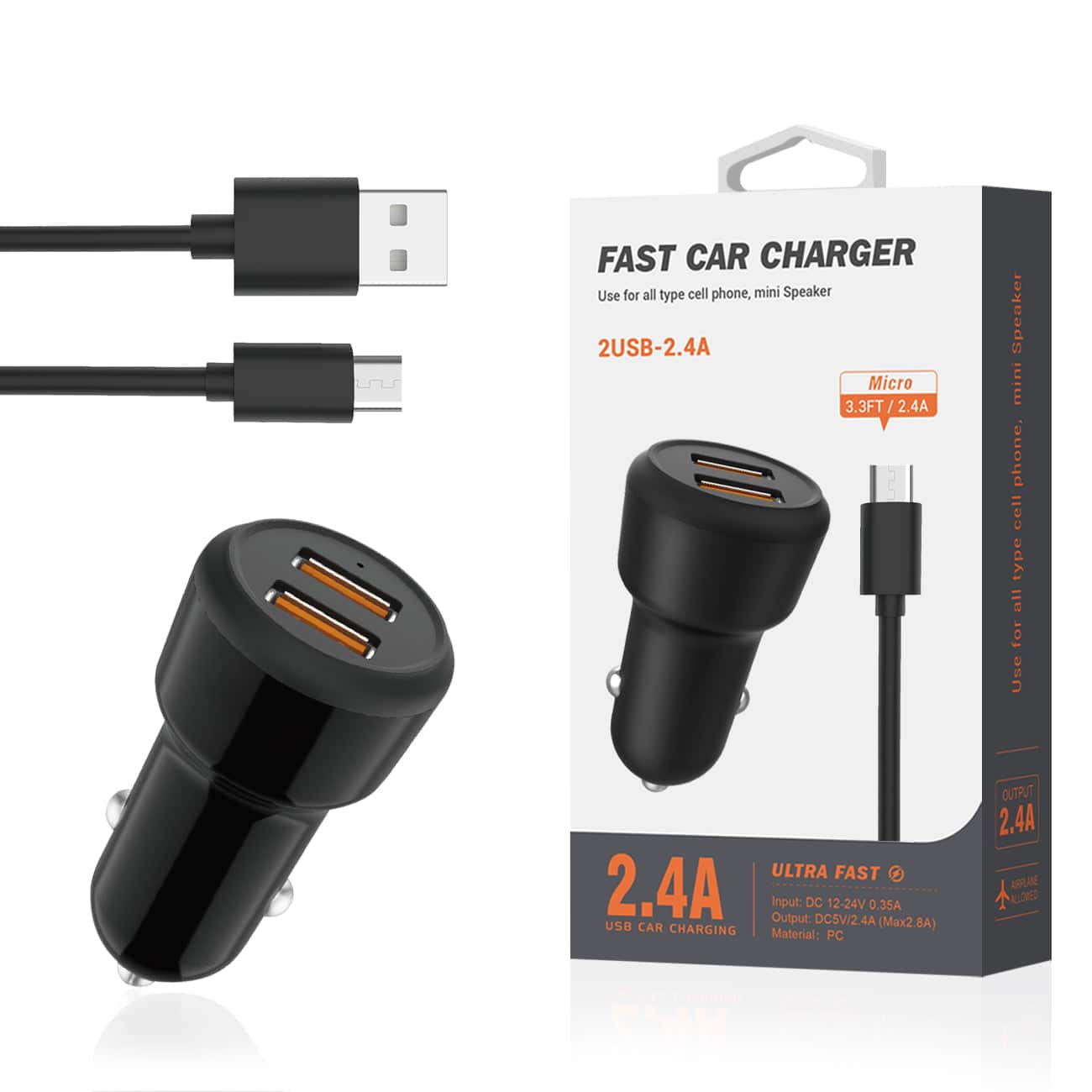 Reiko - Micro Portable Car Charger With Built In 3 Ft Cable In - Black
