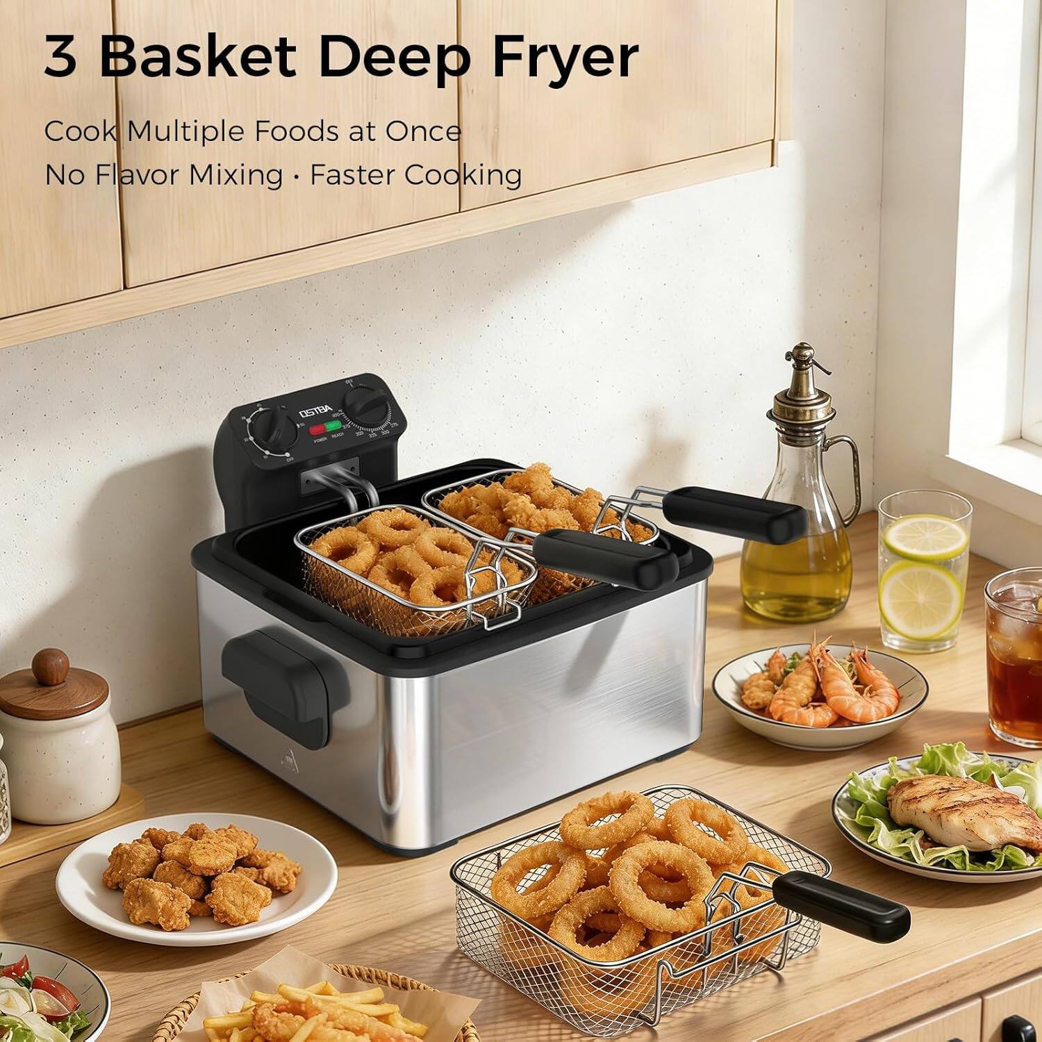 3 Basket Deep Fryer  
Cook Multiple Foods at Once  
No Flavor Mixing • Faster Cooking