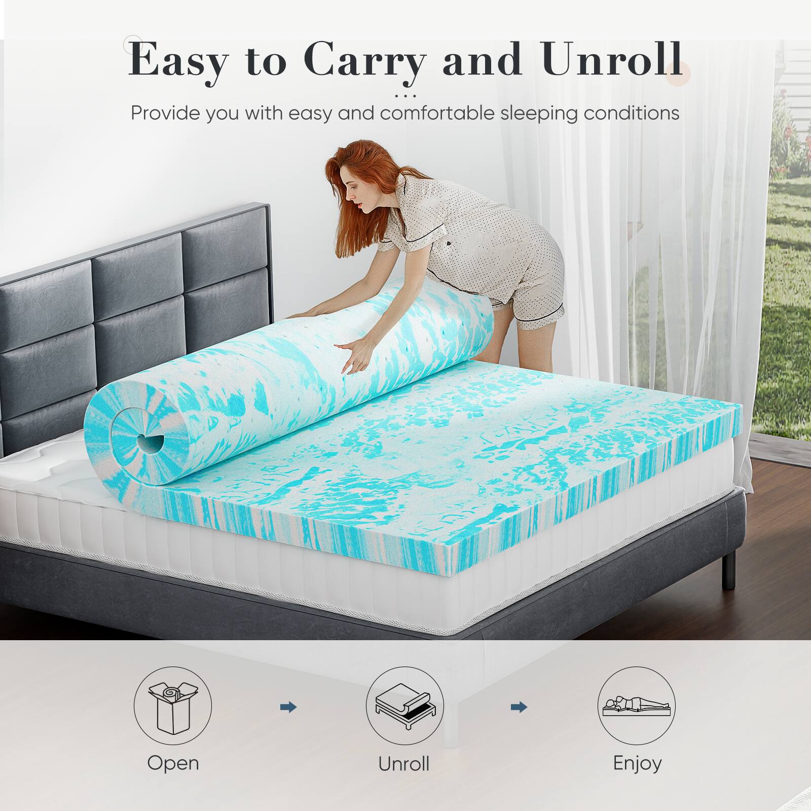 Easy to Carry and Unroll  
...  
Provide you with easy and comfortable sleeping conditions  

Open  
Unroll  
Enjoy