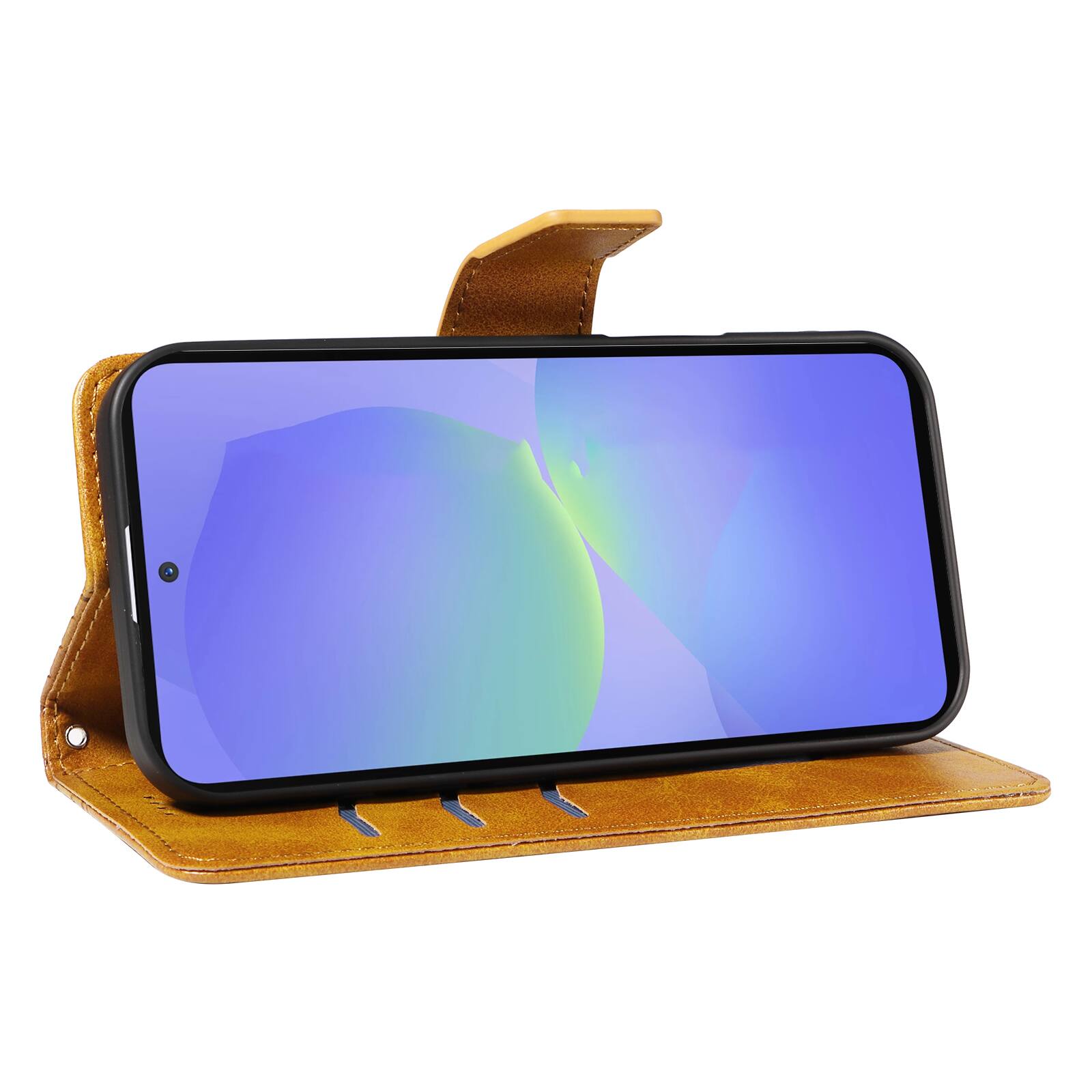 Angle. Dteck - For Samsung Galaxy A17 5G Shockproof Leather Folio Kickstand Card Slots Wallet Case with Strap - Yellow.