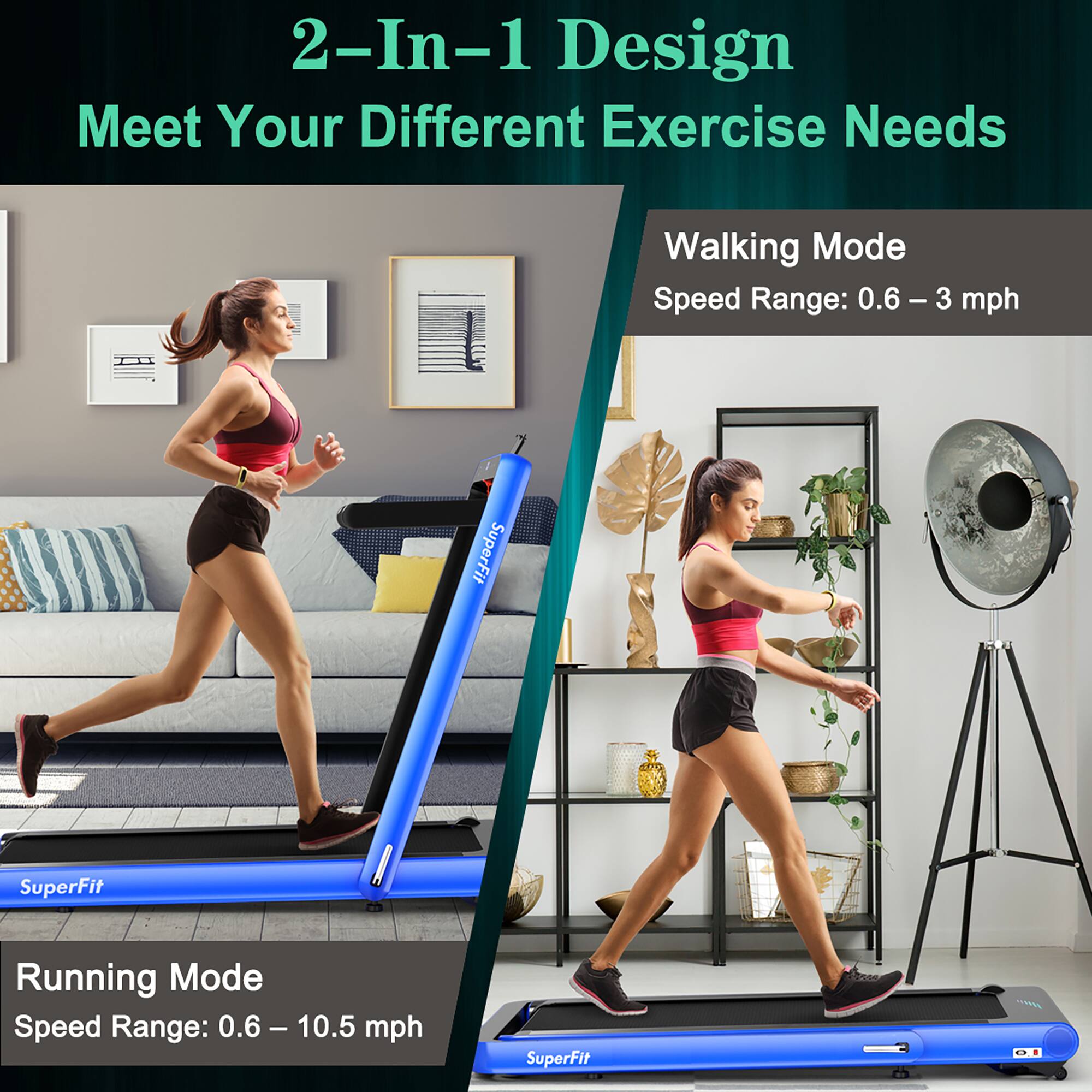 2-In-1 Design Meet Your Different Exercise Needs:

Walking Mode: Speed Range: 0.6-3 mph
SuperFit

Running Mode: Speed Range: 0.6-10.5 mph
SuperFit 25
