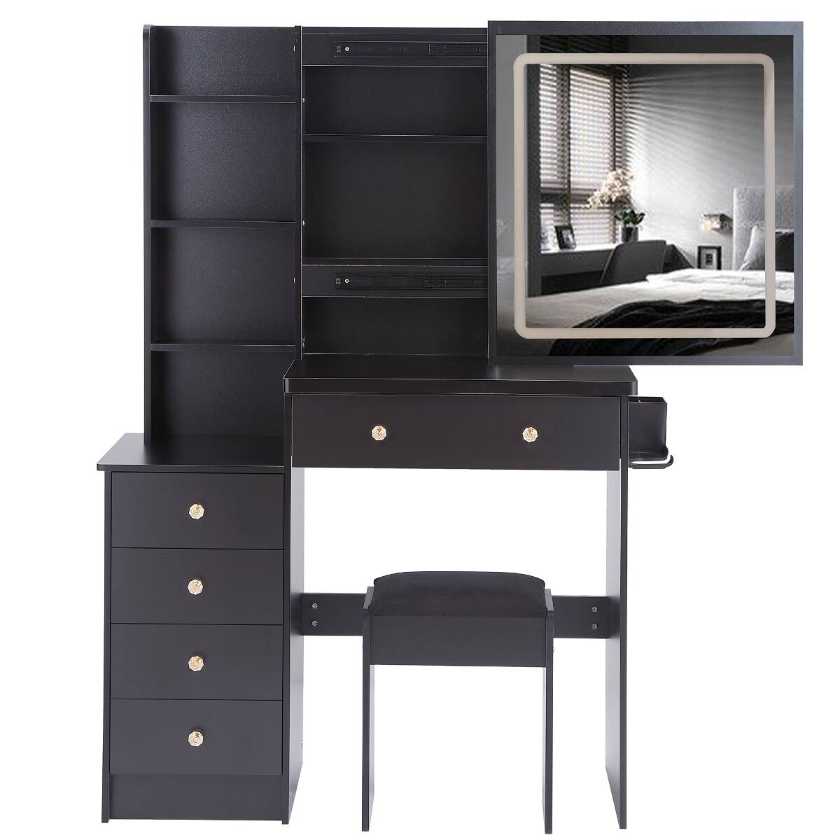 Alt View 7. Loheer - Loheer Makeup Vanity with Sliding Mirror, Black MDF Table with Padded Stool - Black.