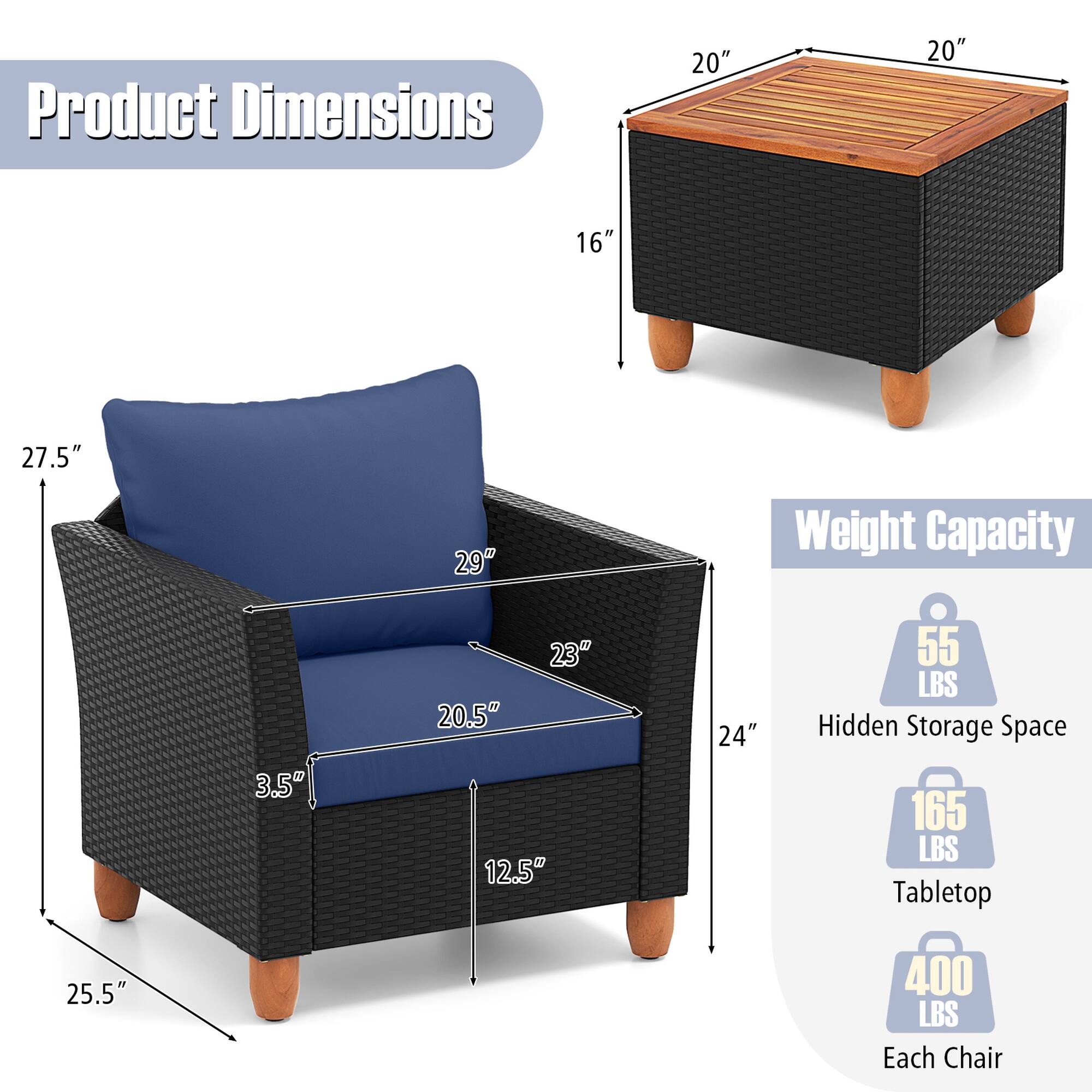 Product Dimensions: 20", 20", 16", 27.5", 29", 23", 20.5", 12.5", 24", 25.5"

Weight Capacity: 55 LBS, Hidden Storage Space 165 LBS, Tabletop 400 LBS Each Chair