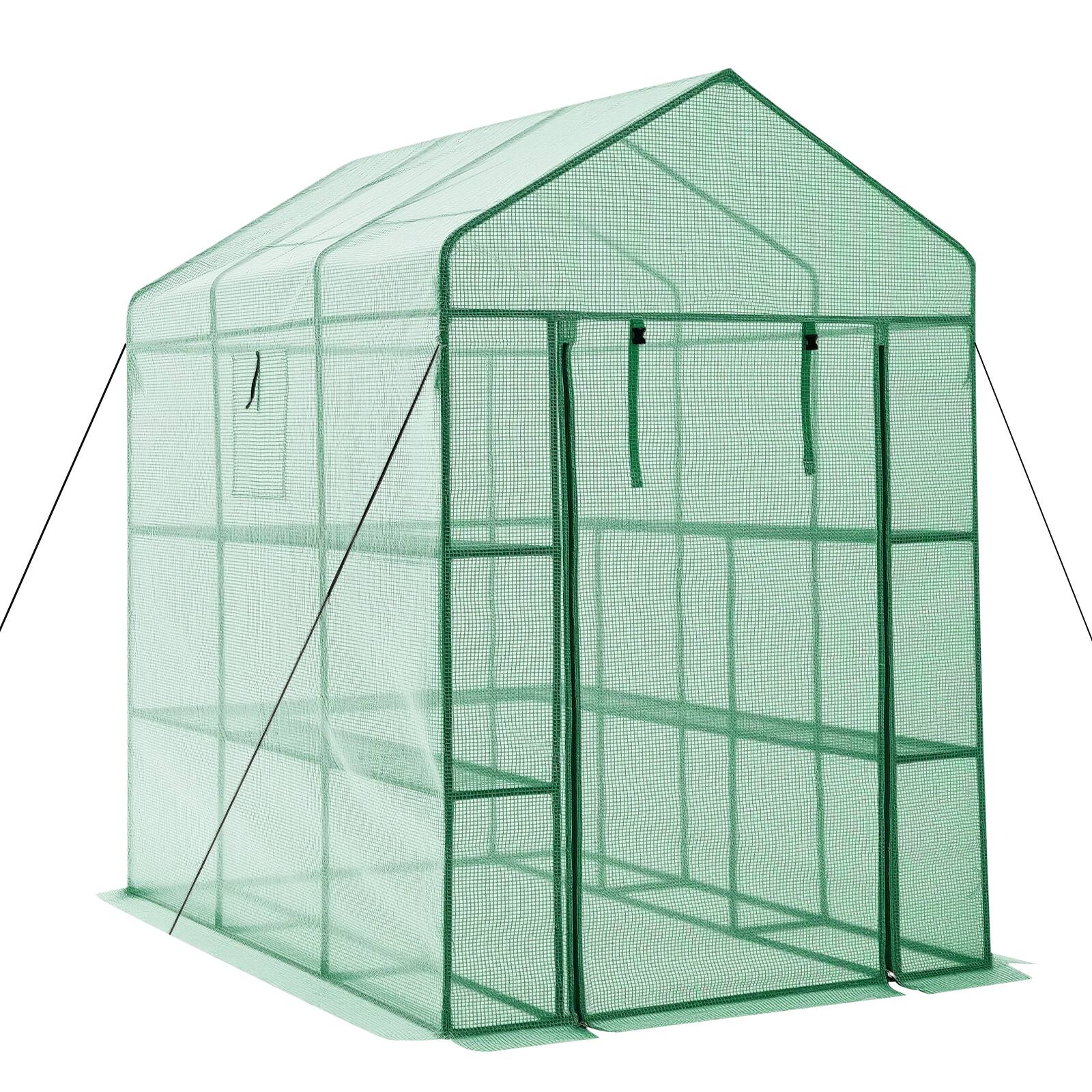 Alt View 5. VEVOR - Walk-in Greenhouse, 54" x 81.1" x 77.2" Greenhouse for Outdoors with Windows, PE Cover, 2 Tiers 14 Shelves - Green.
