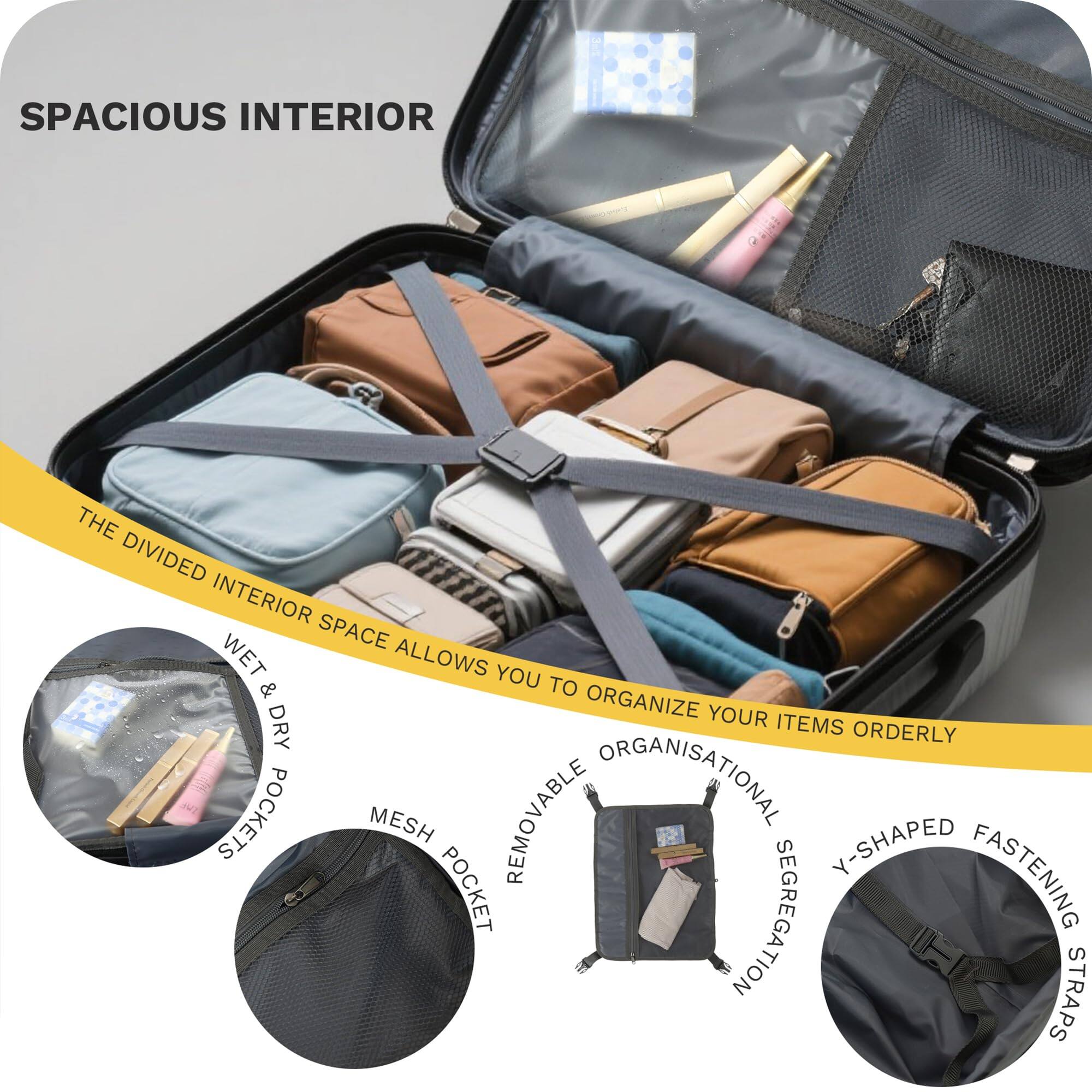 SPACIOUS INTERIOR

THE DIVIDED INTERIOR SPACE ALLOWS YOU TO ORGANIZE YOUR ITEMS ORDERLY

- WET & DRY POCKET
- MESH POCKET
- REMOVABLE ORGANISATIONAL SEGREGATION
- Y-SHAPED FASTENING STRAPS