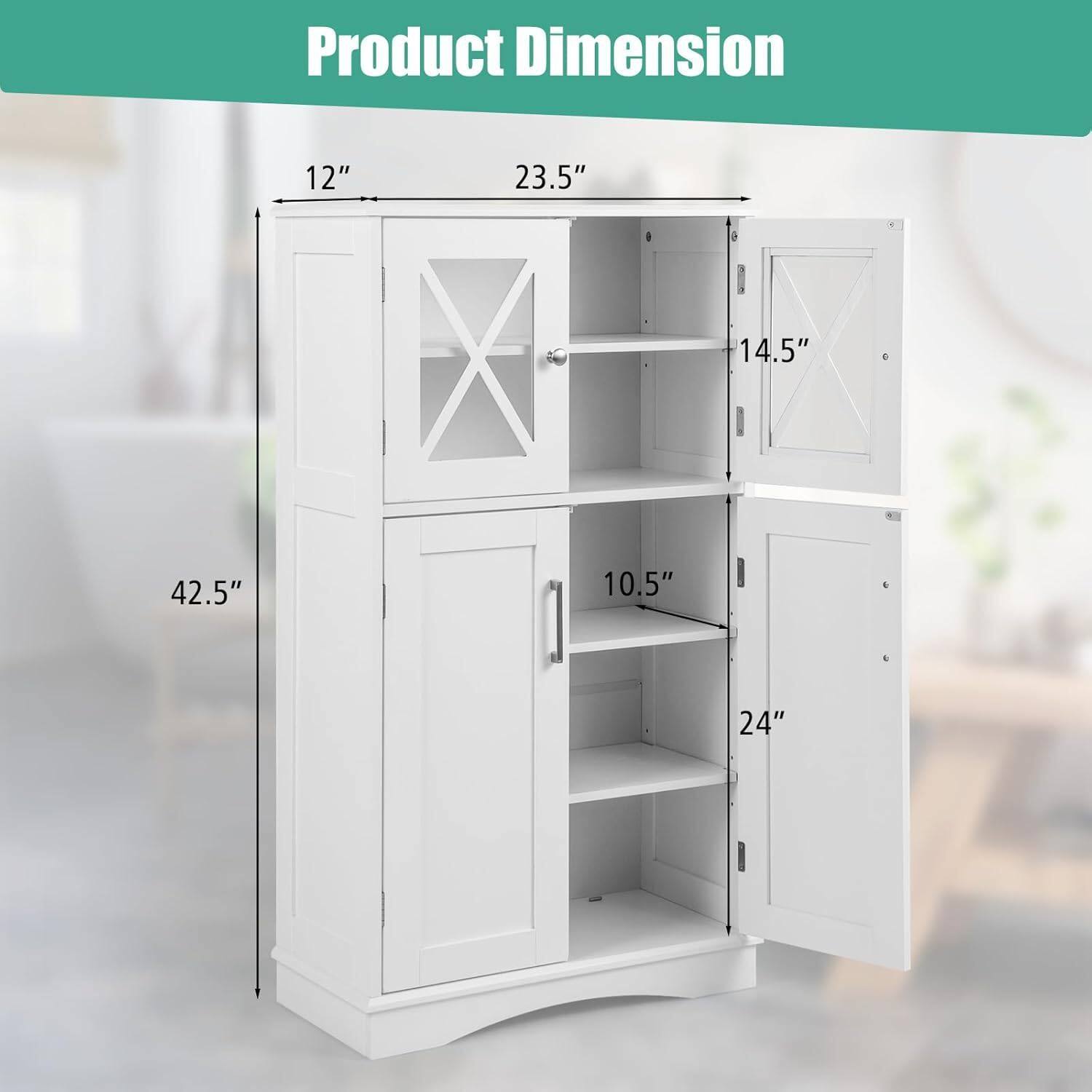 Product Dimension

- Height: 42.5"
- Width: 23.5"
- Depth: 14.5"
- Shelf Height: 10.5"
- Door Width: 12"
- Door Height: 24"