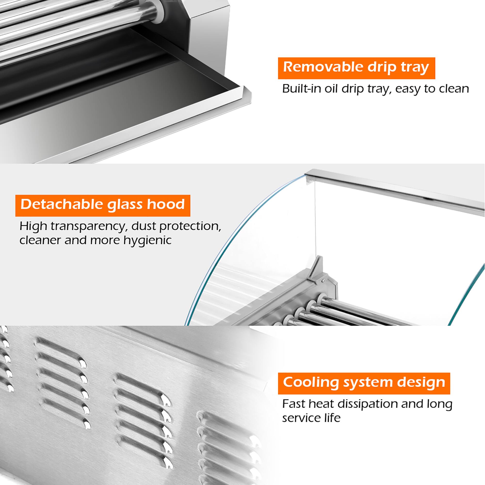 The image features a stainless steel appliance with three descriptions of its features. The first feature is a removable drip tray, which is designed to be easy to clean. The second feature is a built-in oil drip tray, which also provides easy cleaning. The third feature is a detachable glass hood that offers high transparency, dust protection, and a cleaner and more hygienic cooking environment. The appliance also has a cooling system design that ensures fast heat dissipation and a long service life.
