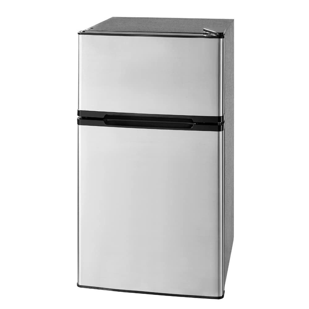 Loheer - Mini Fridge with Freezer, 3.2 Cu.Ft Compact Refrigerator, Two Door Small Fridge - Stainless Steel