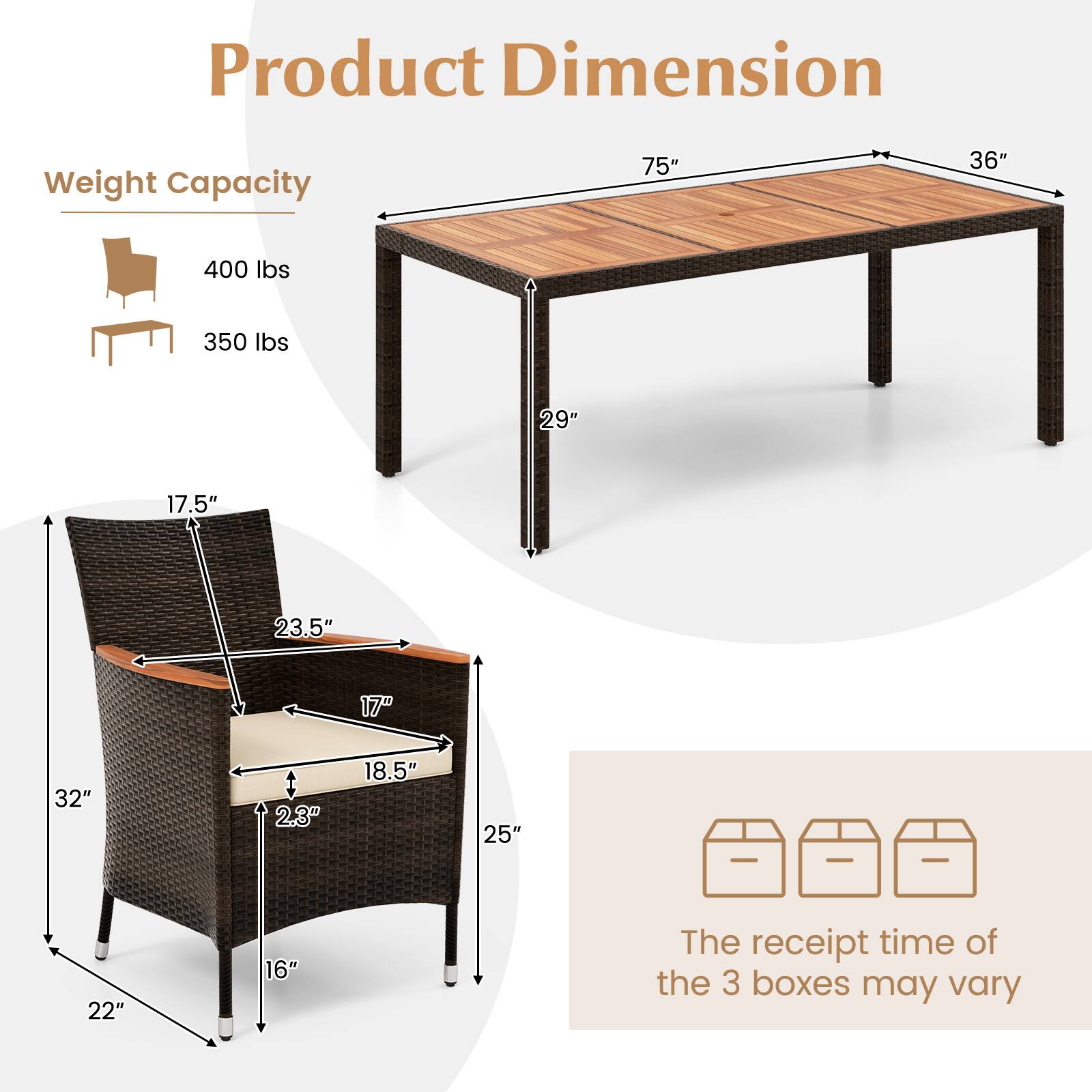 Product Dimension  
Weight Capacity  

Table:  
- Length: 75"  
- Width: 36"  
- Height: 29"  

Chair:  
- Height: 32"  
- Width: 17.5"  
- Depth: 23.5"  
- Seat Height: 18.5"  
- Seat Depth: 17"  
- Armrest Height: 2.3"  
- Base Width: 25"  
- Base Depth: 16"  
- Base Height: 22"  

Weight Capacity:  
- Table: 400 lbs  
- Chair: 350 lbs  

The receipt time of the 3 boxes may vary.