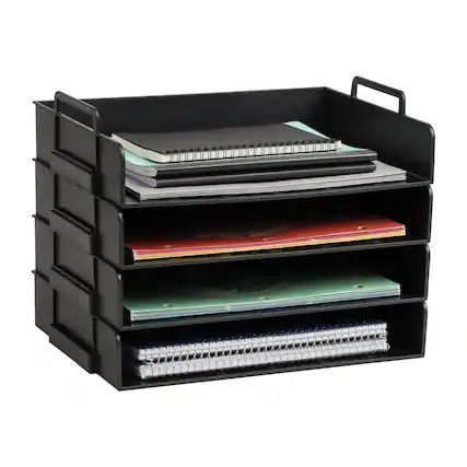 Front. Mind Reader - Stackable Paper Tray, Desktop Organizer, File Storage, Office, Plastic, 4 Pcs. - Black.