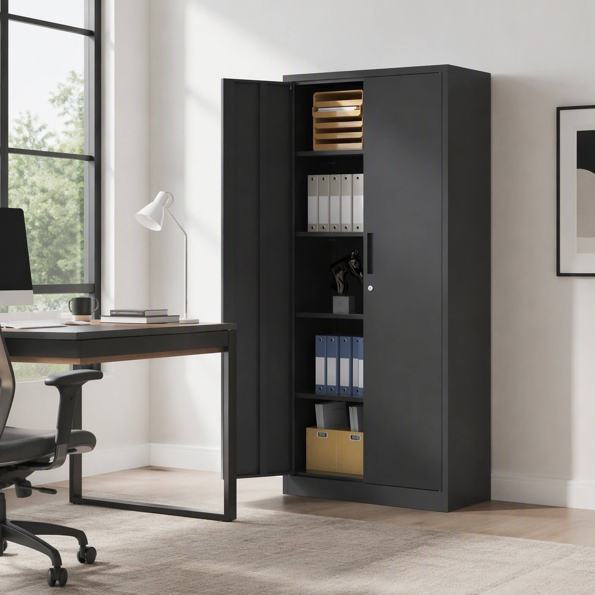Left. RYHNUYNE - 71 in Tall Metal Garage Storage Cabinet with Locking Doors and 4 Adjustable Shelves, Black Steel Lockable File Cabinet.