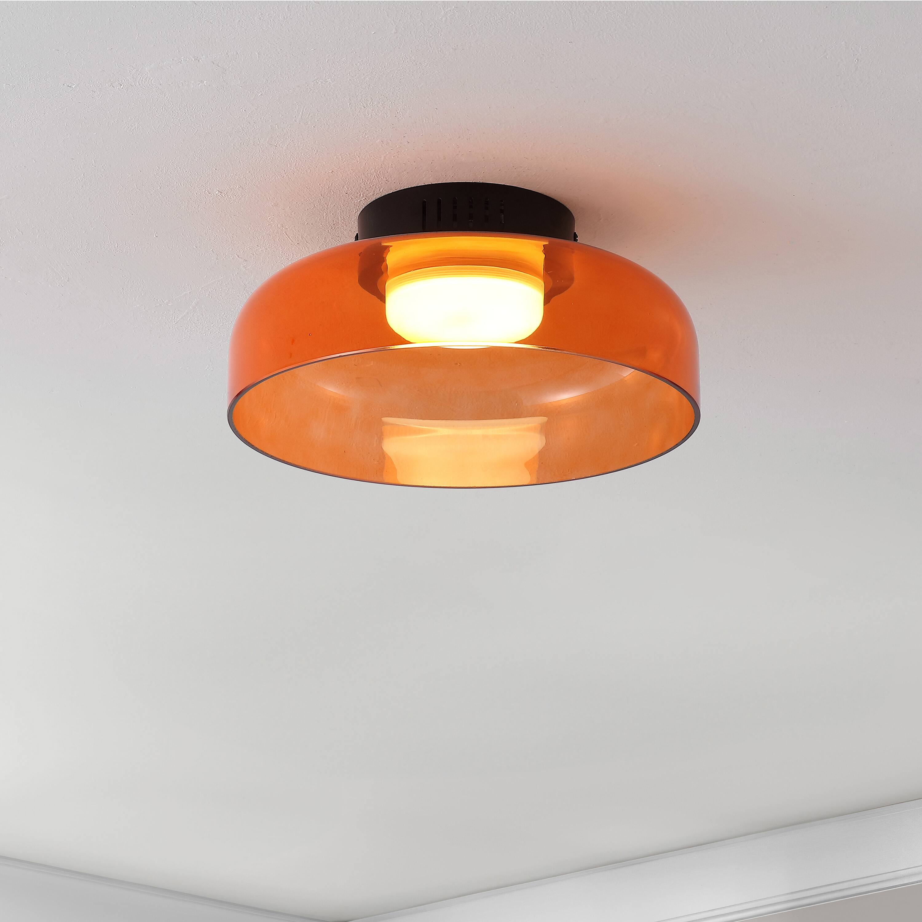 Alt View 1. Jonathan Y - Kalmar 12" Modern Minimalist Iron/Glass Dimmable Integrated LED Flush Mount, Orange/Black - Orange.