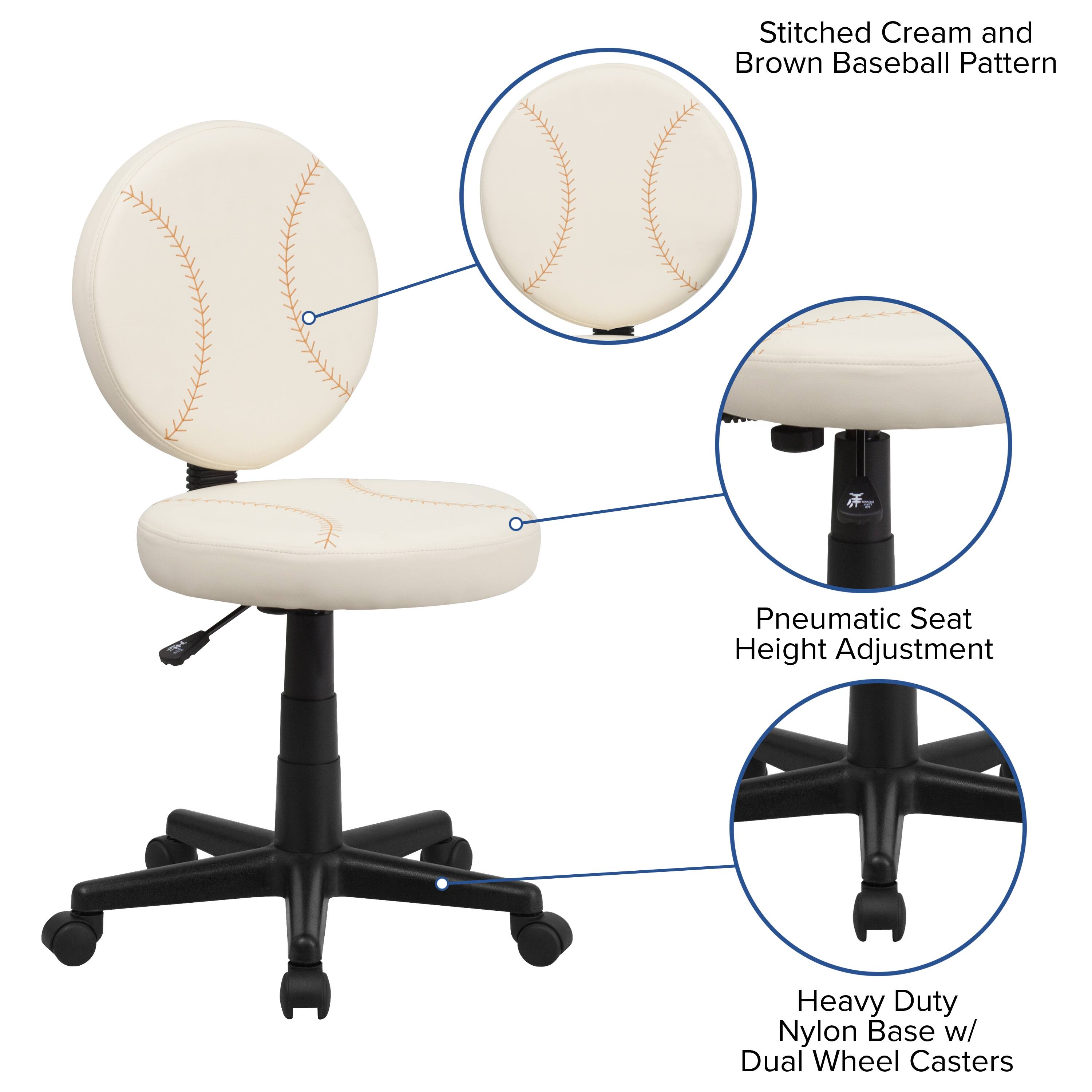 Stitched Cream and Brown Baseball Pattern  
Pneumatic Seat Height Adjustment  
Heavy Duty Nylon Base w/ Dual Wheel Casters