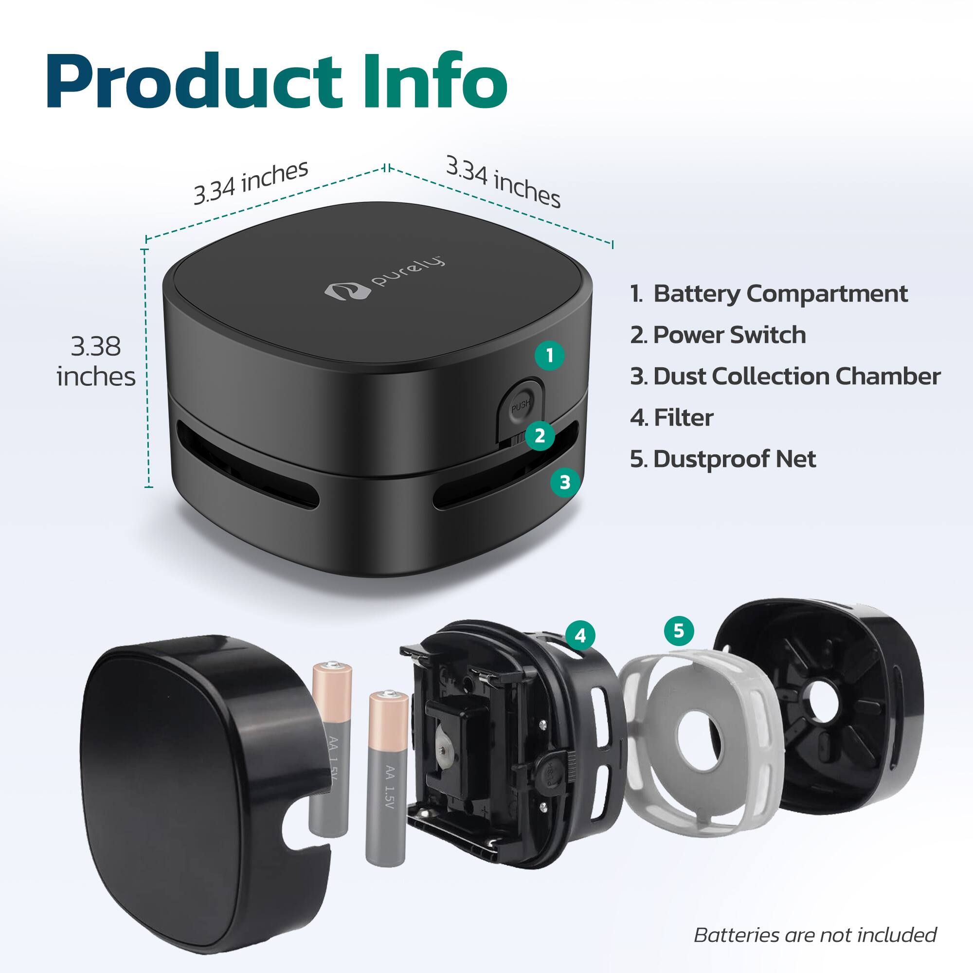 Product Info

- 3.34 inches
- 3.34 inches
- 3.38 inches

1. Battery Compartment
2. Power Switch
3. Dust Collection Chamber
4. Filter
5. Dustproof Net

Batteries are not included

AA 1.5V Batteries are not included