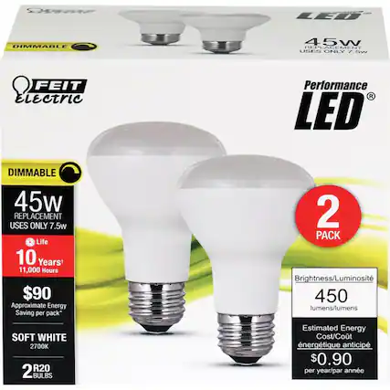 - **FEIT Electric**
- **DIMMABLE**
- **45W REPLACEMENT USES ONLY 7.5W**
- **Life 10 Years 11,000 Hours**
- **$90 Approximate Energy Saving per pack***
- **SOFT WHITE 2700K**
- **2 R20 BULBS**
- **2 PACK**
- **Performance LED**
- **Brightness/Luminosité 450 lumens/lumens**
- **Estimated Energy Cost/Coût énergétique anticipé $0.90 per year/par année**