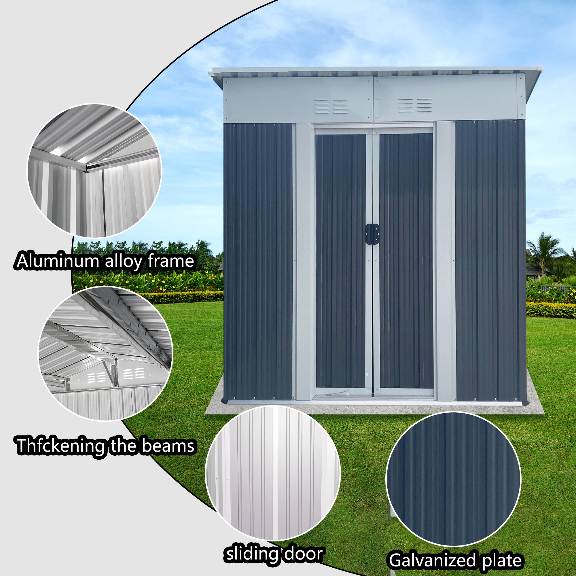 Left. Anysun - 5 x 3 ft Gray Pent Roof Outdoor Metal Storage Shed for Tools, Bikes, and Garden Supplies - Grey.