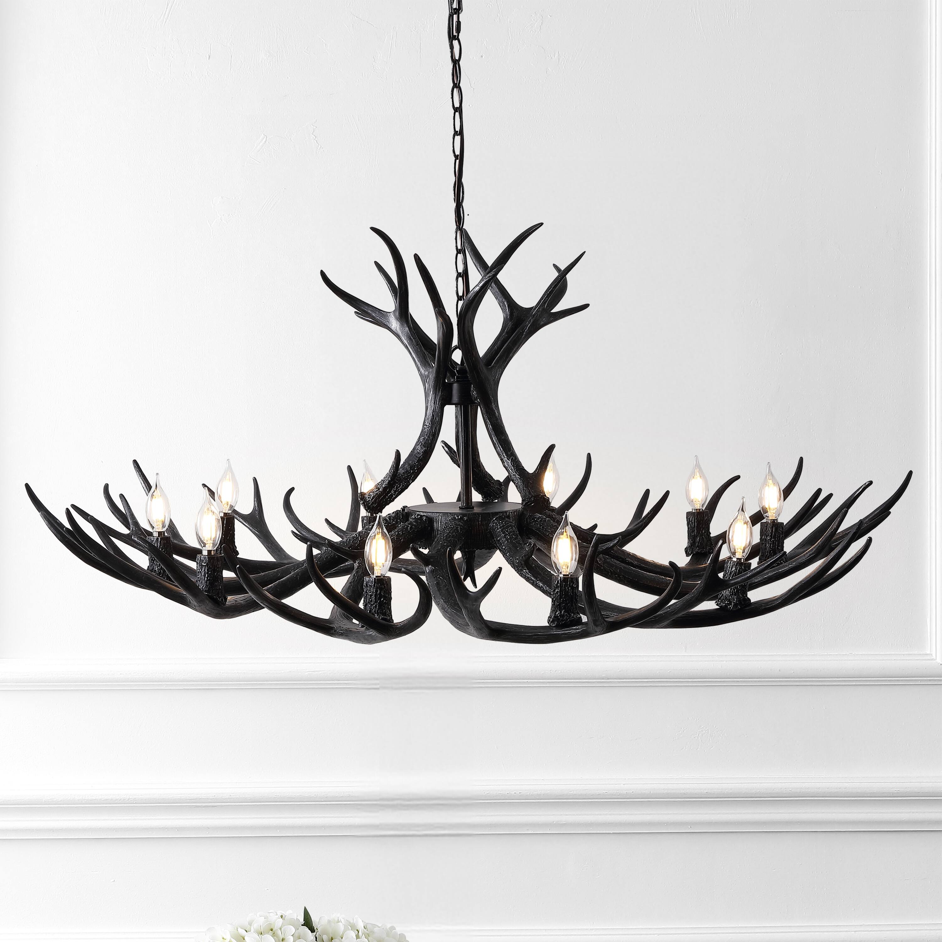 Alt View 1. Jonathan Y - Eldora 49" 10-Light Rustic Farmhouse Adjustable Resin Antler LED Chandelier, Black - Black.
