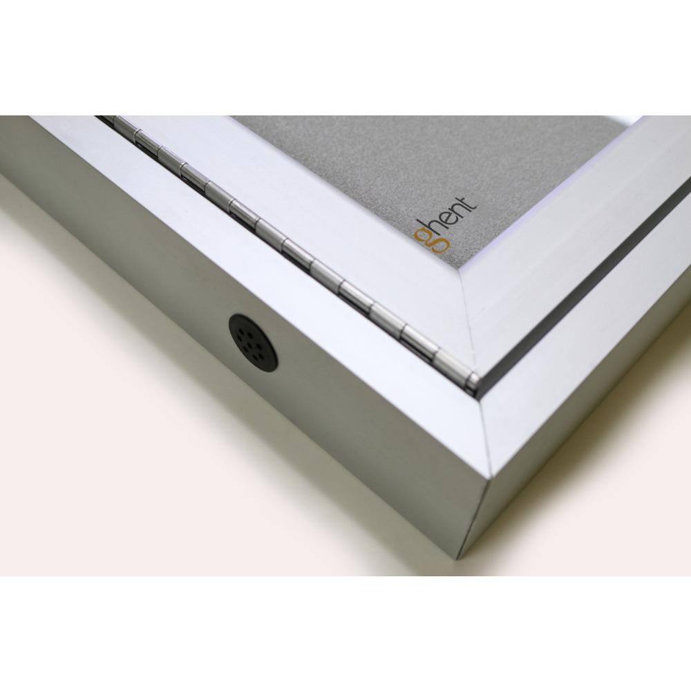 Angle. Ghent - Ghent 1 Door Enclosed Vinyl Bulletin Board with Satin Frame, 36"H x 30"W, Silver.