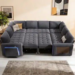 Dyonery - 102" 7 Seat Modular Sectional Sleeper Sofa with Pull Out Bed, with Storage USB Ports,Cup Holders,Side Table,LED Light - Dray