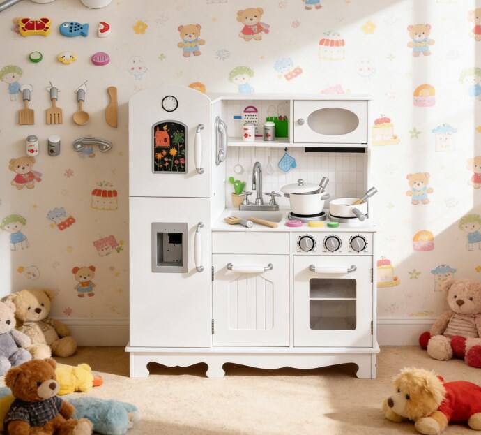 Front. Siljoy - Wooden Kids Kitchenette Playset, 16‑Piece Accessories, Realistic Sounds, 5 Storage Cabinets, for Ages 3+ - White.