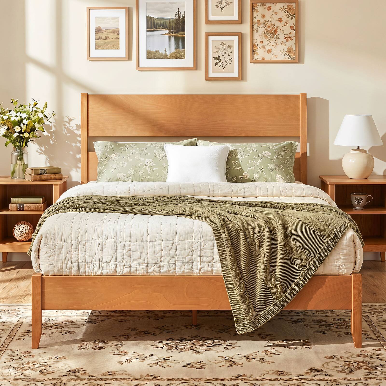 Alt View 4. Costway - Costway Queen Bed Frame with Headboard, Solid Wood Legs, 12 Slats, No Box Spring Needed - Warm Brown.