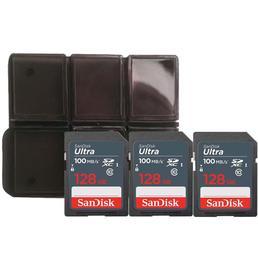 3x Sandisk Ultra 128 GB SDXC UHS I Memory Card 100 MBs with Memory Card Holder