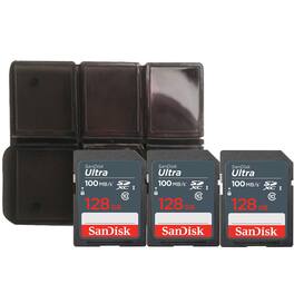 3x Sandisk Ultra 128 GB SDXC UHS I Memory Card 100 MBs with Memory Card Holder