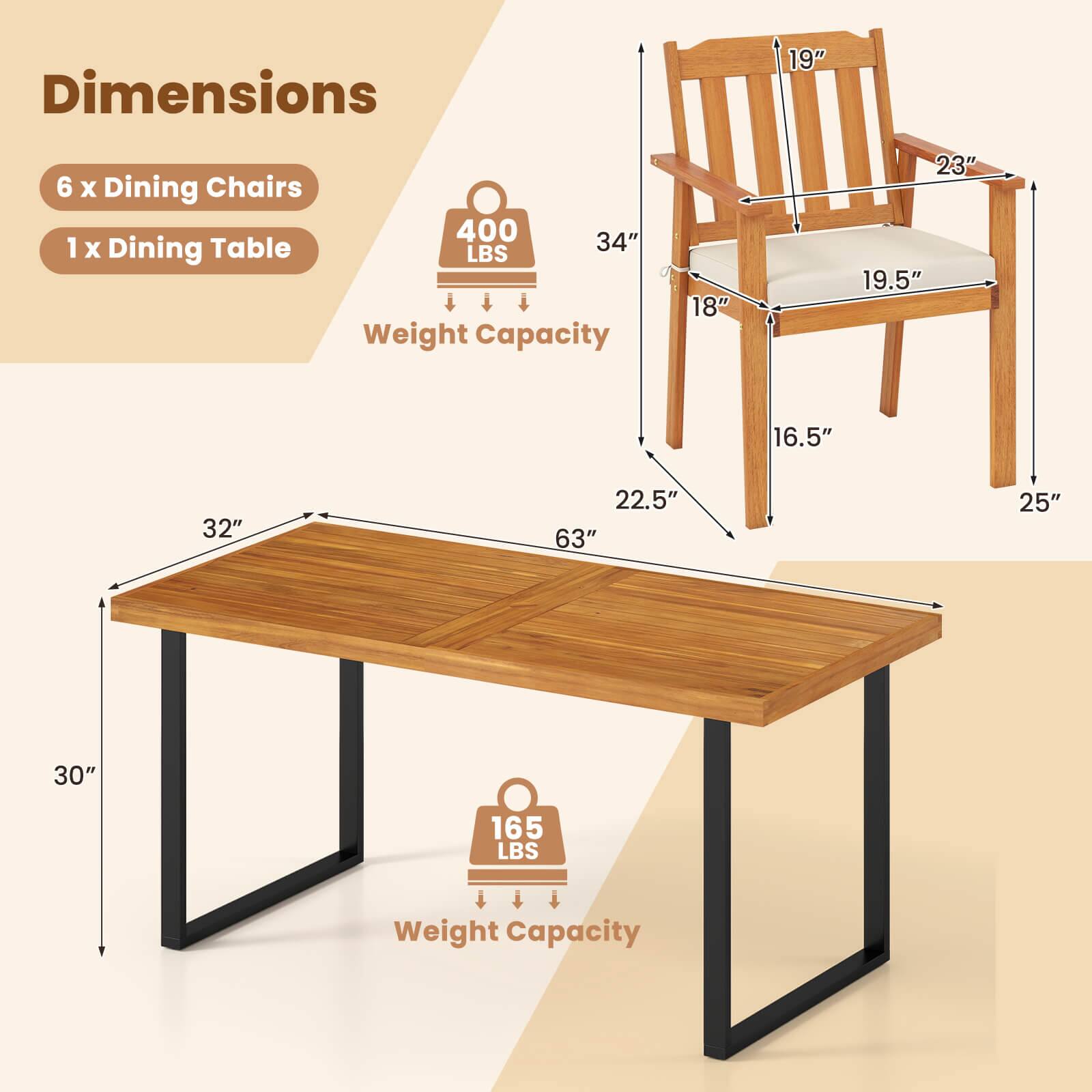 Dimensions  
6 x Dining Chairs  
1 x Dining Table  

Weight Capacity  
400 LBS  

Dimensions of Dining Chairs:  
- Height: 34"  
- Width: 19"  
- Depth: 23"  
- Seat Height: 18"  
- Seat Depth: 19.5"  
- Armrest Height: 22.5"  
- Leg Height: 16.5"  
- Leg Width: 25"  

Dimensions of Dining Table:  
- Length: 63"  
- Width: 32"  
- Height: 30"  

Weight Capacity of Dining Table: 165 LBS