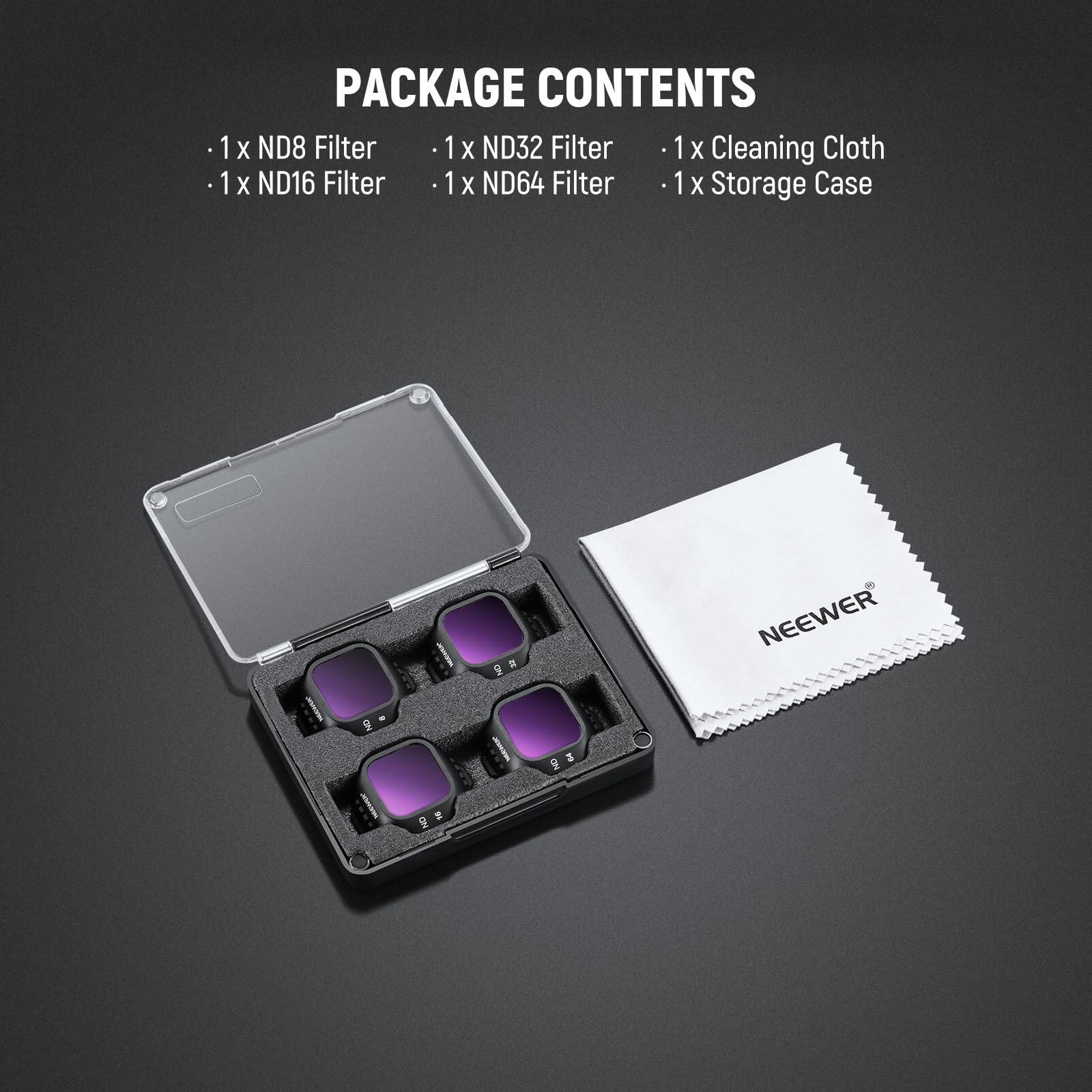 PACKAGE CONTENTS

- 1 x ND8 Filter
- 1 x ND16 Filter
- 1 x ND32 Filter
- 1 x ND64 Filter
- 1 x Cleaning Cloth
- 1 x Storage Case