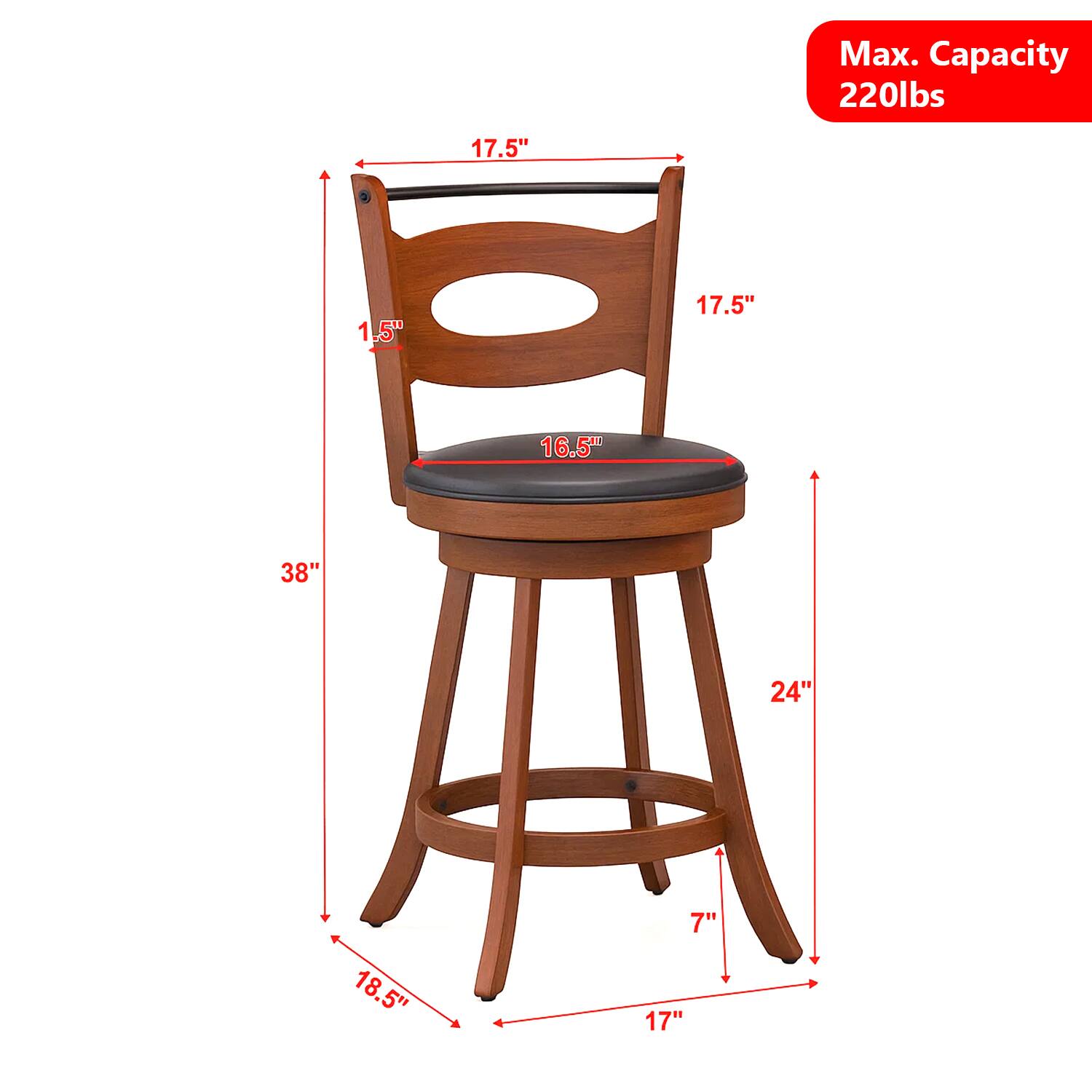Max. Capacity 220lbs  
17.5"  
1.5"  
17.5"  
16.5"  
38"  
24"  
18.5"  
7"  
17"