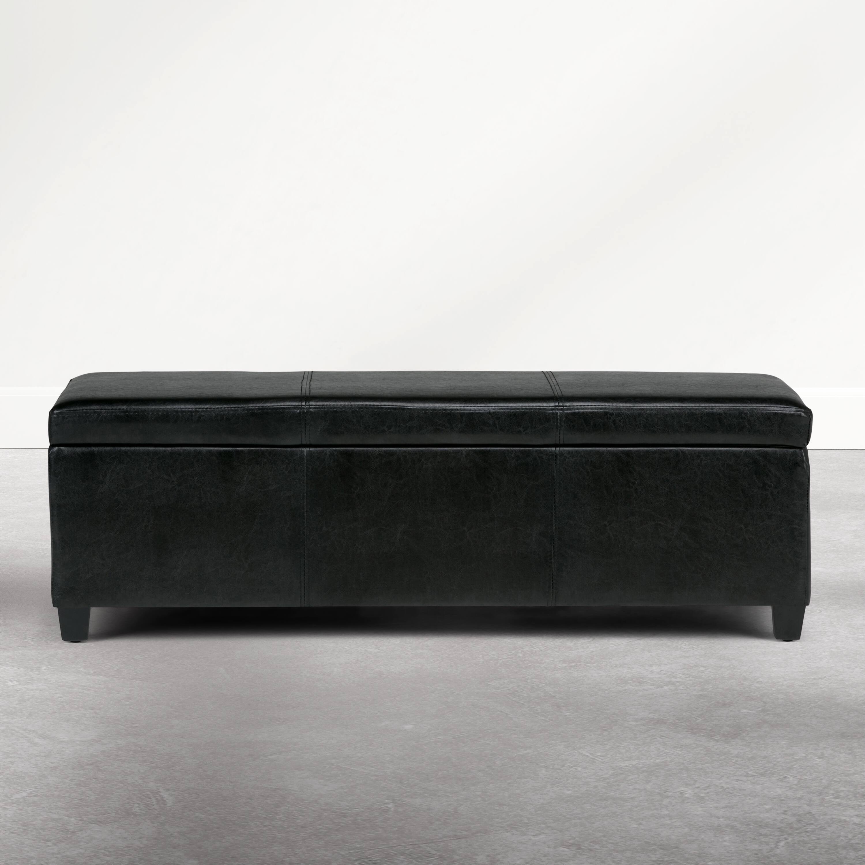 Back. Simpli Home - Avalon 48 inch Wide Solid Wood Rectangular Upholstered Storage Ottoman Bench, Carbon Black - Carbon Black.