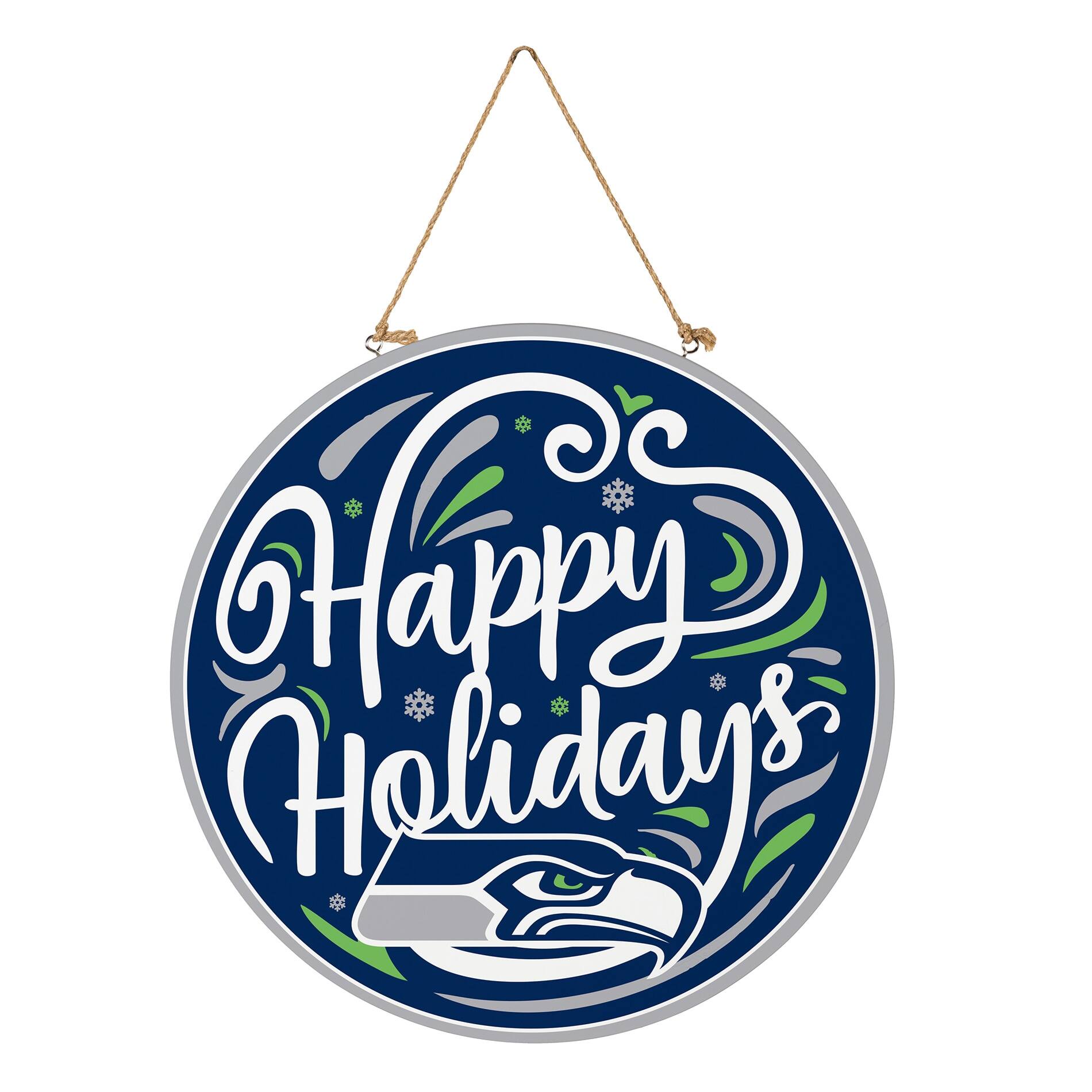 Alt View 2. Evergreen Enterprises - Seattle Seahawks 18" Happy Holidays Wooden Round Door Sign - Multicolor.