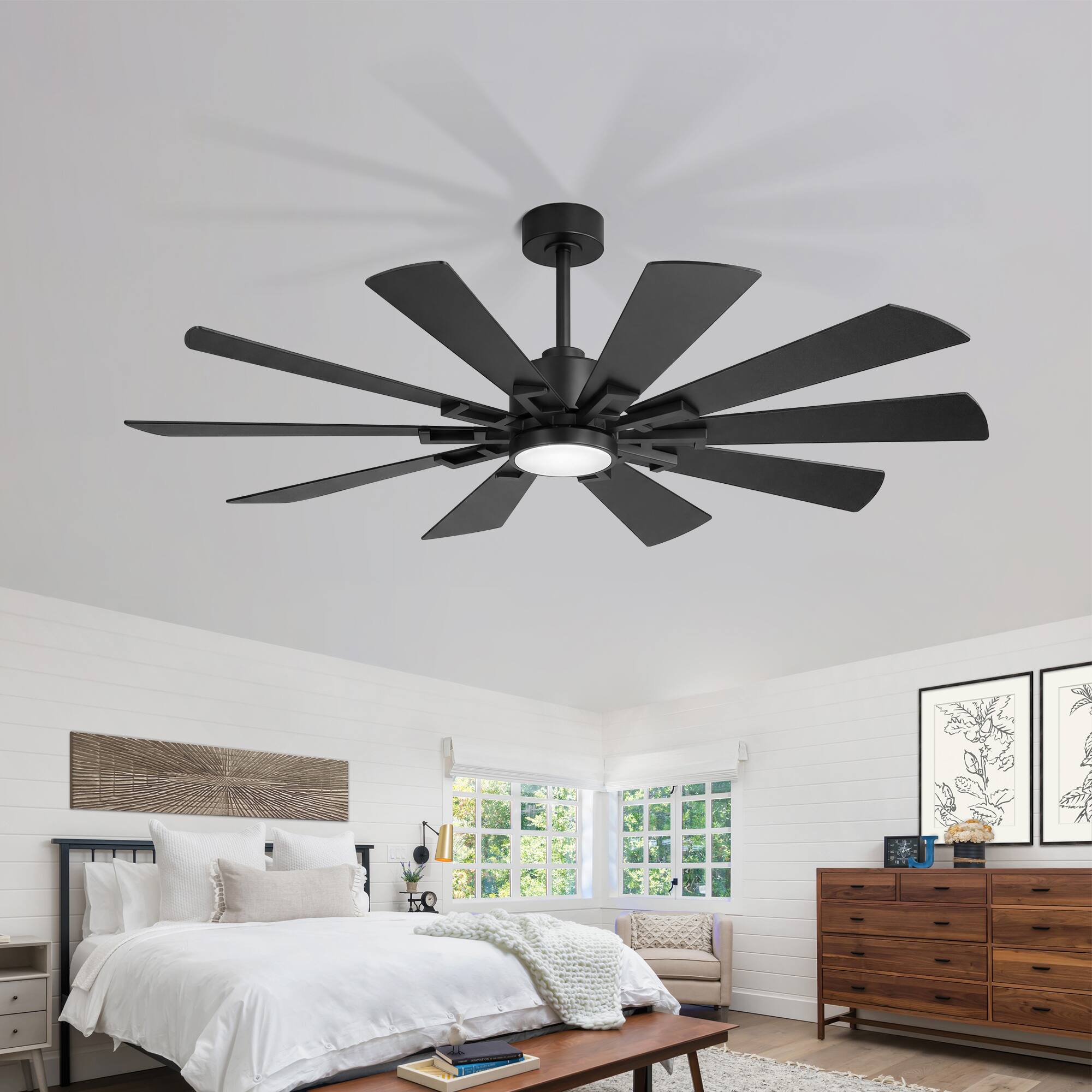 Left. Breezary - 62-Inch Modern Ceiling Fan with 10 Plywood Blades, DC Motor, 6-Speed Remote, 3-Color Dimmable LED Light, Dual Downrods - Matte Black.